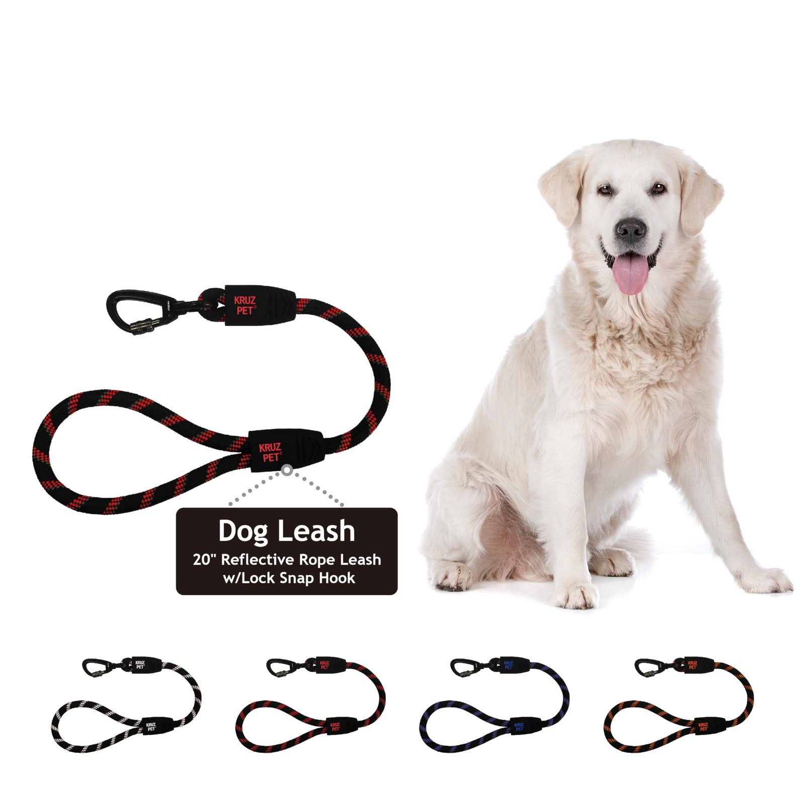 Red Kruz 20 x 1/2 Inch Reflective Rope Dog Leash Soft Silicone Grip Snap Clip