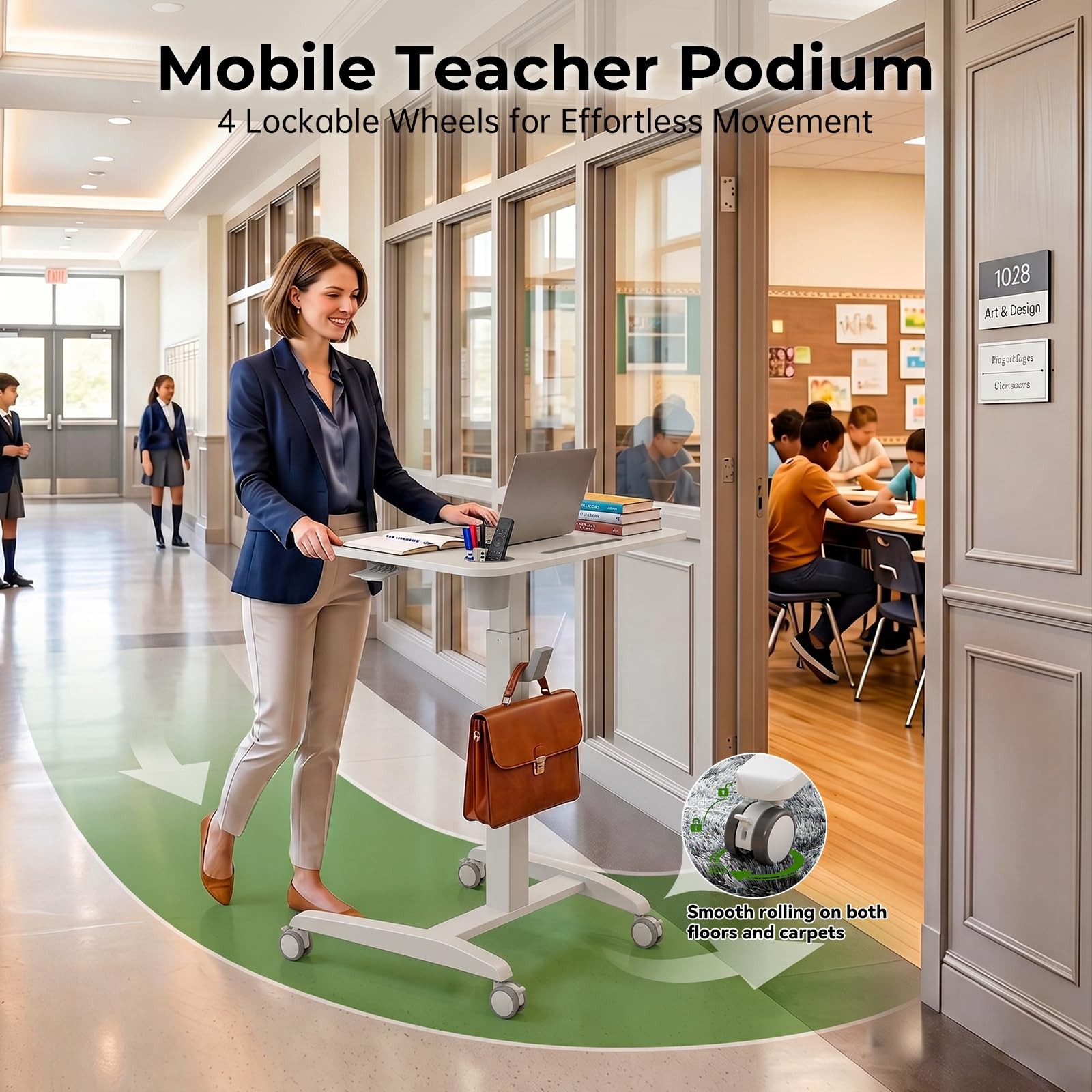 27" Mobile Rolling Standing Desk with Lockable Wheels, White