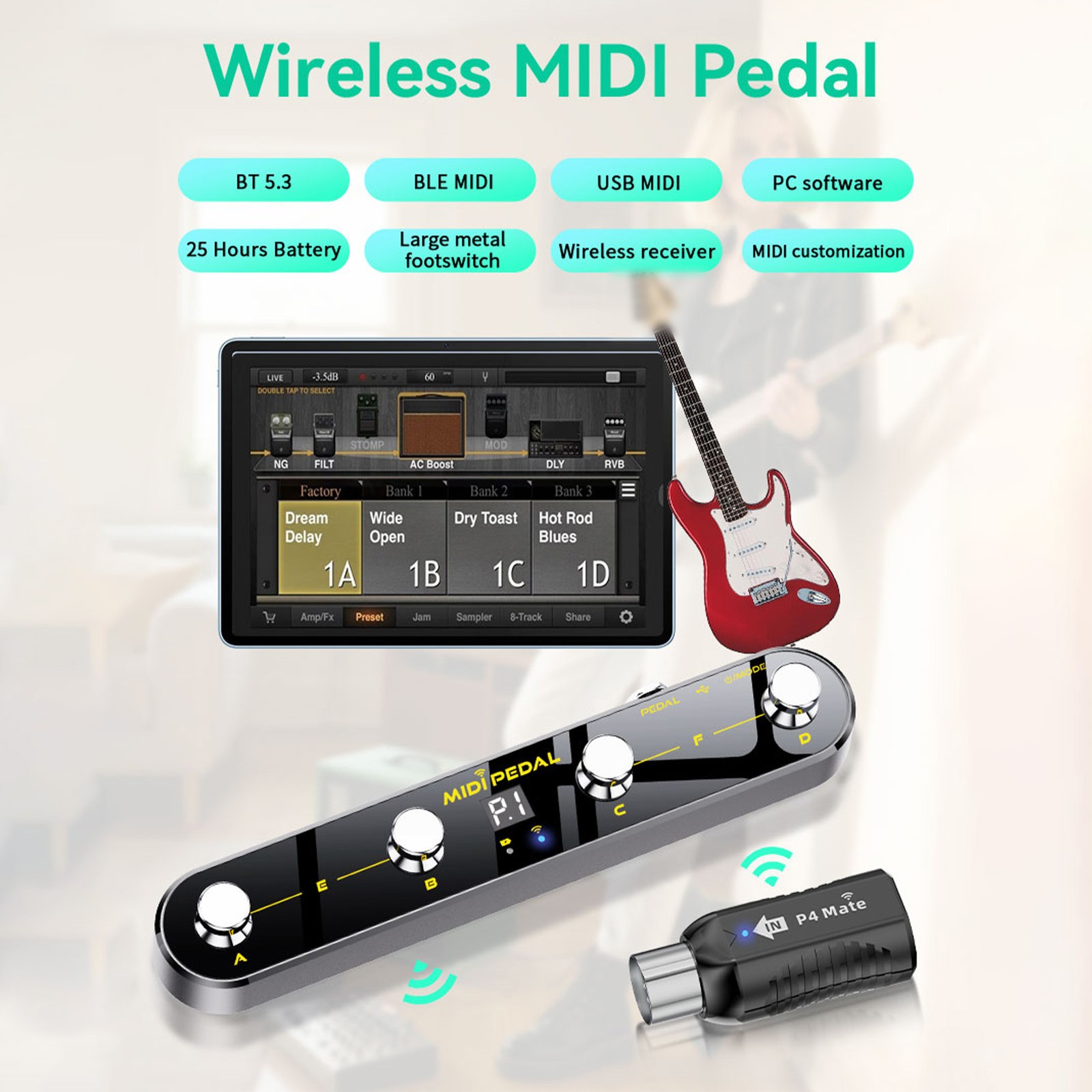 Wireless MIDI Controller Pedal 5 Modes Digital Display 25Hrs USB VCLF