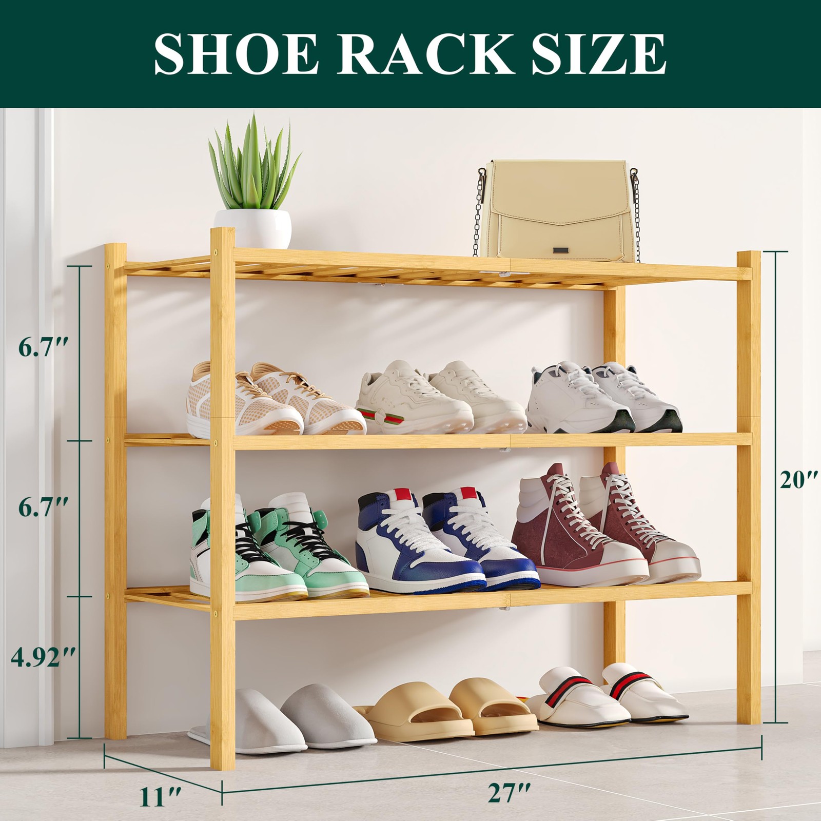 Shoe Rack, 3 Tier Bamboo Shoe Organizer, Stackable Free Standing Wooden Shoe ...