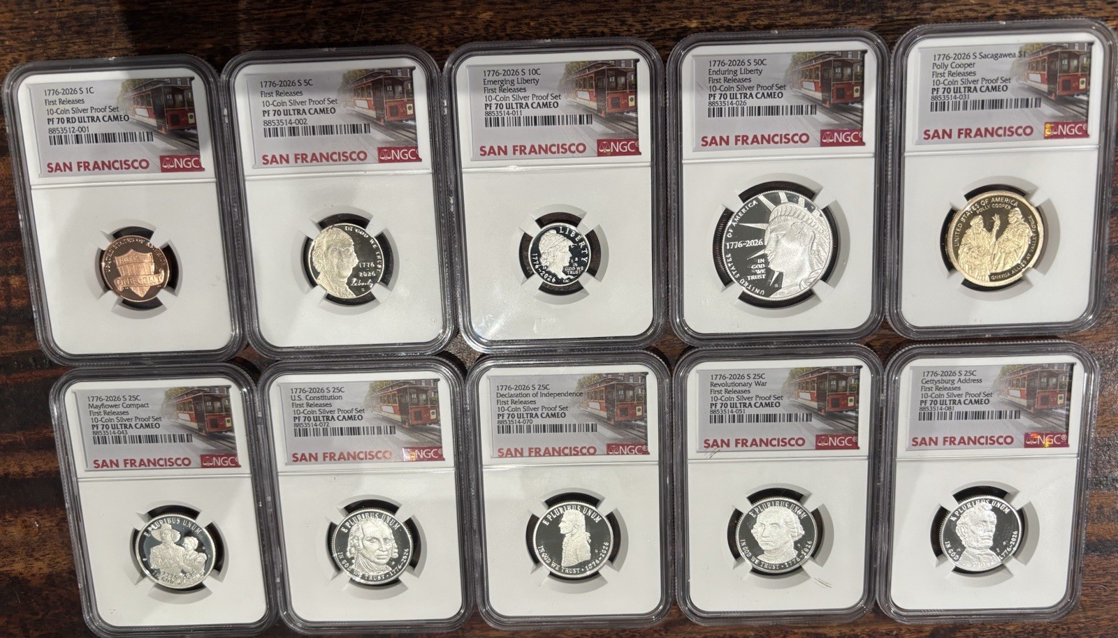 1776-2026 US Mint  Silver Proof 10 coin Set NGC PF70 FR Trolley Label In Stock