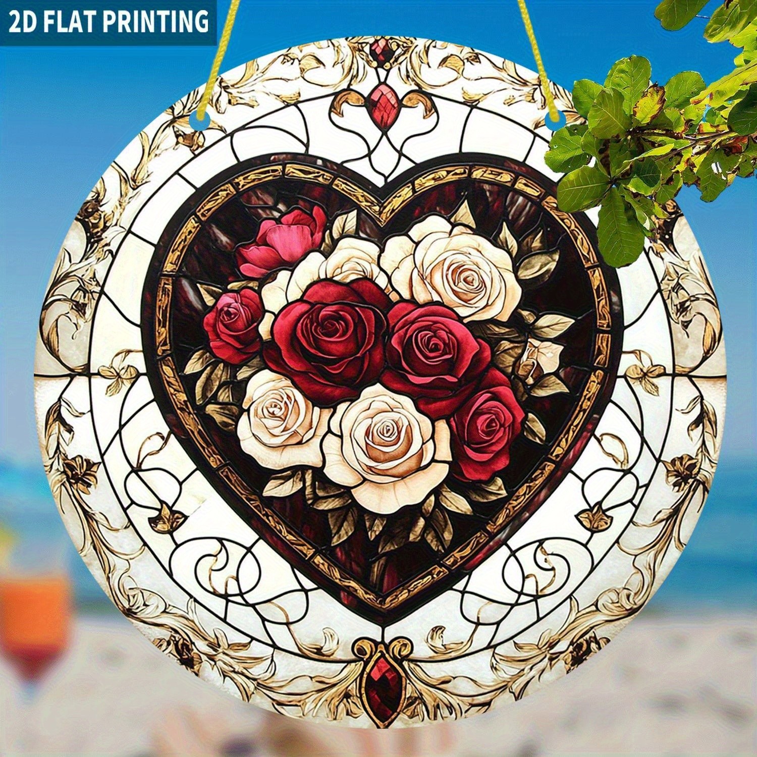 Romantic Heart Rose Pattern Acrylic Sun Catcher Patio Corridor Hanging Decor