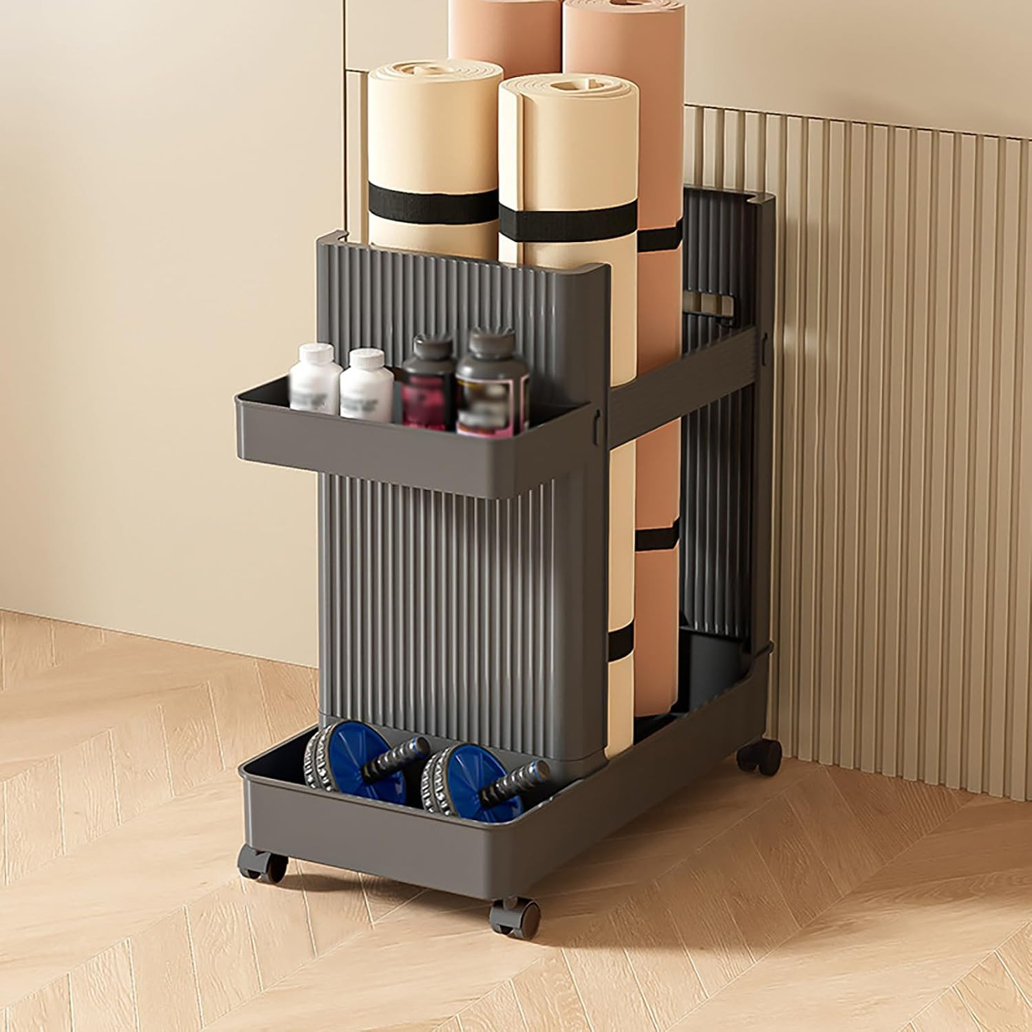 Home Gym Storage Rack - Multifunctional Storage Rack on Wheels - Yoga Mat Storag