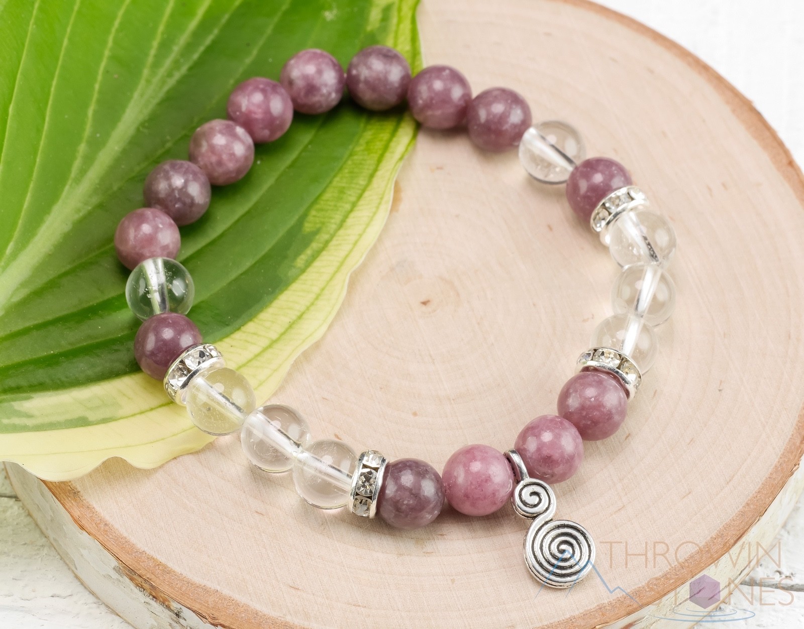 LEPIDOLITE & CLEAR QUARTZ Crystal Bracelet - Spiral Charm, Round Beads, E0975