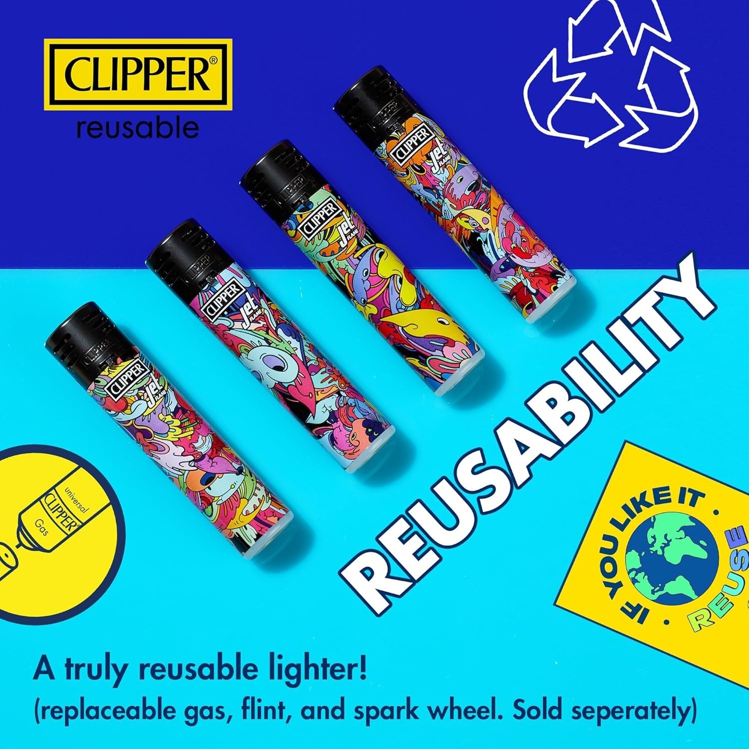 Clipper Micro Lighters - 4 Pack Pre-Filled Removable Flints - Black Crystal