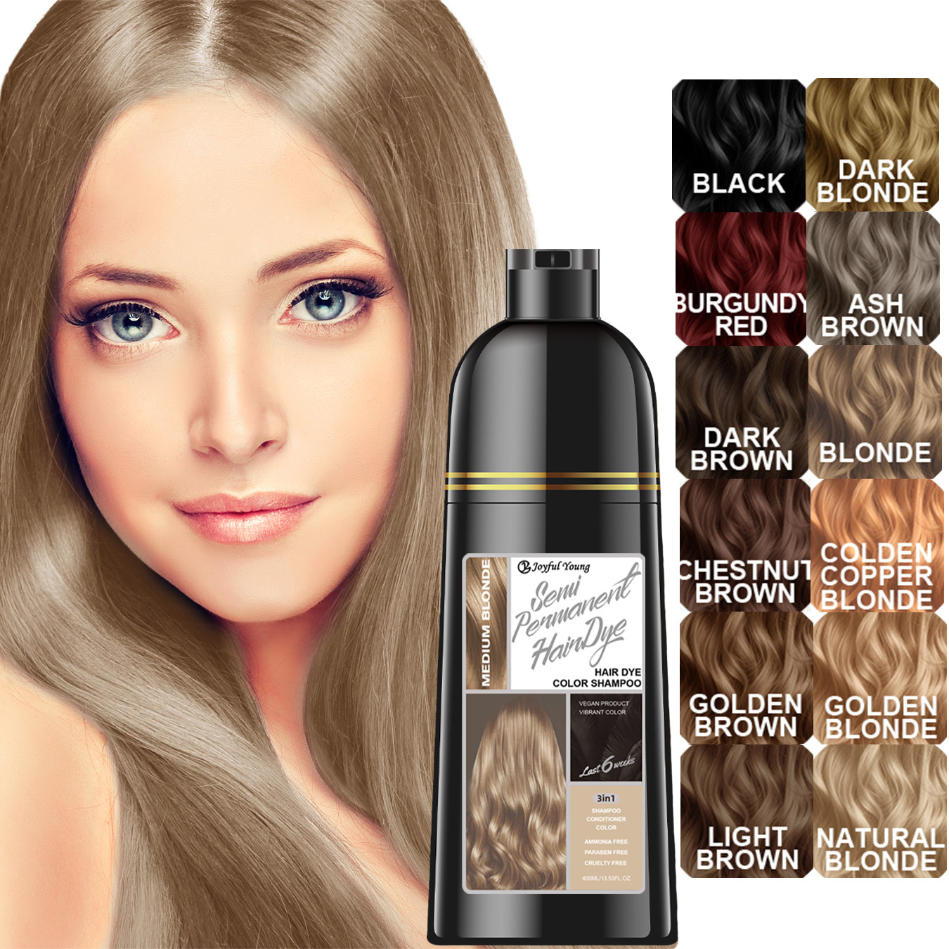 Hair Dye Shampoo Instant 3 in 1 100% Grey Coverage Herbal Ingredients No Ammonia
