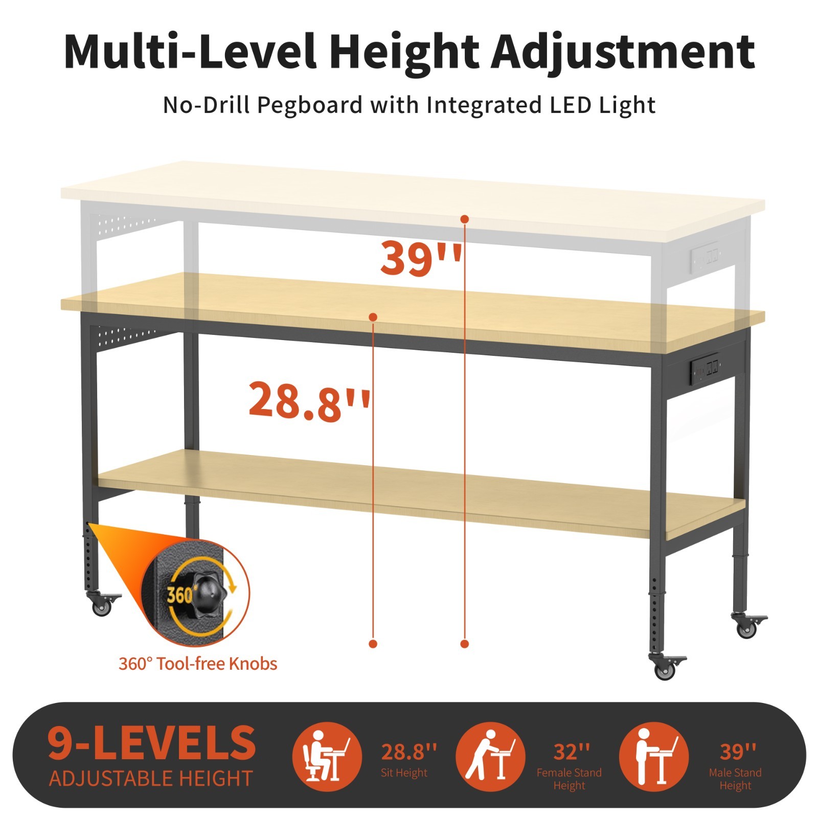 60" Garage Workbench 2000LBS w/ Pegboard LED Light Adjustable Rolling Table