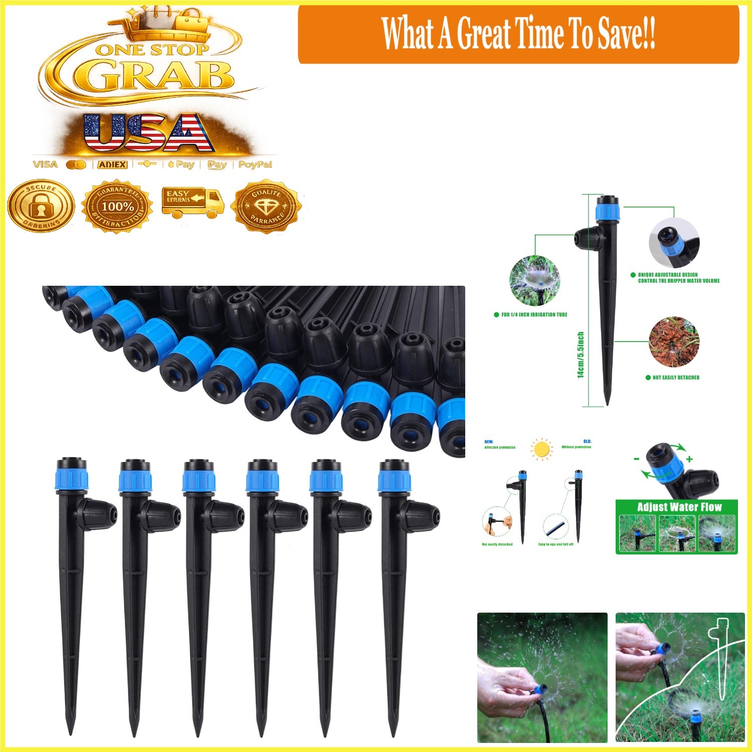 50pcs Blue 360° Adjustable Drip Irrigation Emitters for 1/4 Inch Tubing
