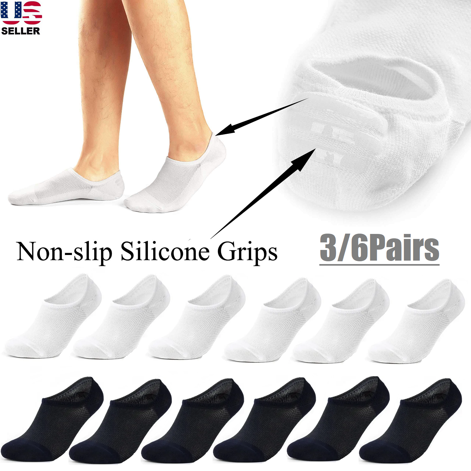 6Pairs Men Bamboo Cotton No Show Socks Low Cut Casual Sport Solid Nonslip Summer