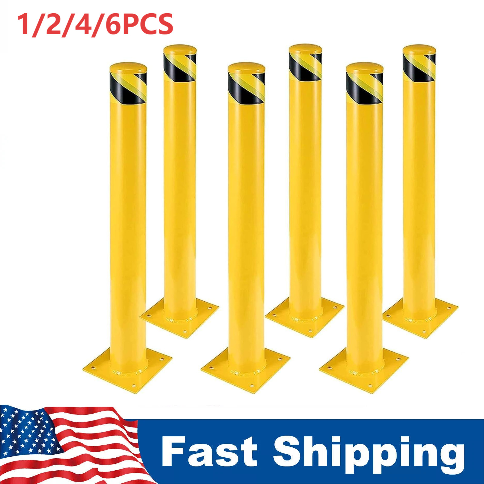 💎1/2/4/6PC Safety Bollard 42" Height Yellow Steel Bollard Post,4.5" Diameter Pi