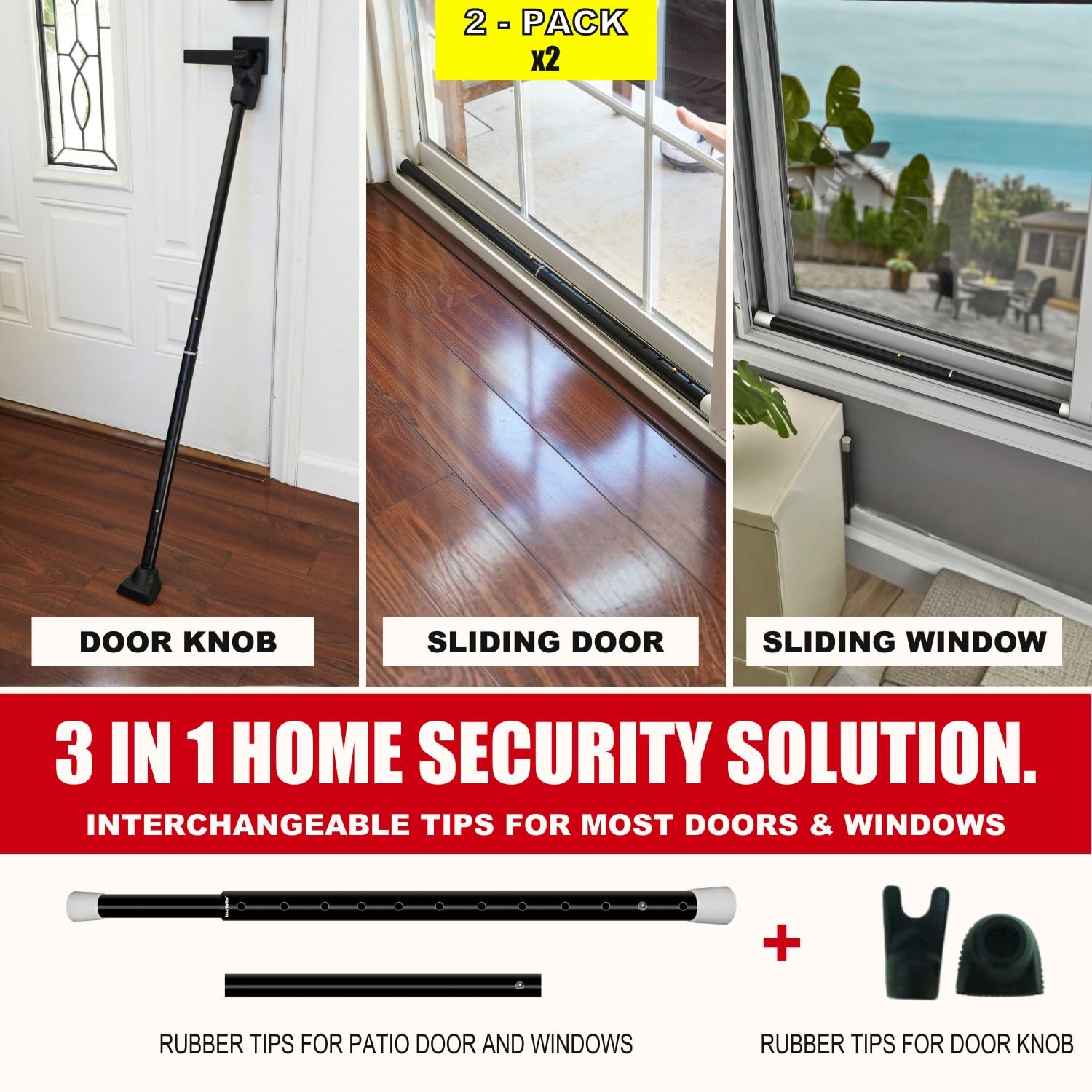 SECURITYMAN 2-in-1 Door Security Bar & Sliding Patio 2 Pack, Black