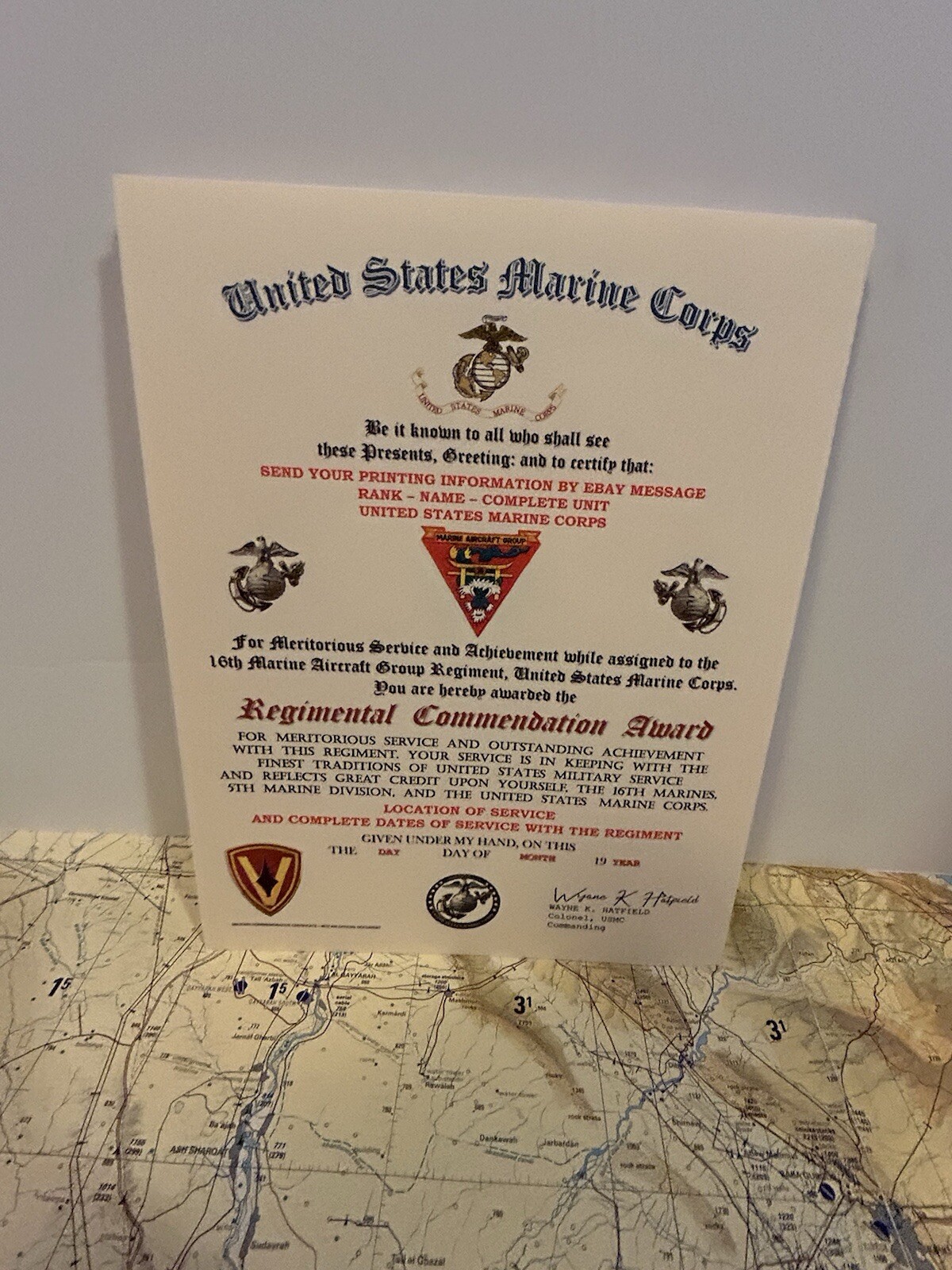 U.S.M.C. / 16TH MARINE AIRCRAFT GROUP- REGIMENTAL COMMENDATION AWARD CERTIFICATE