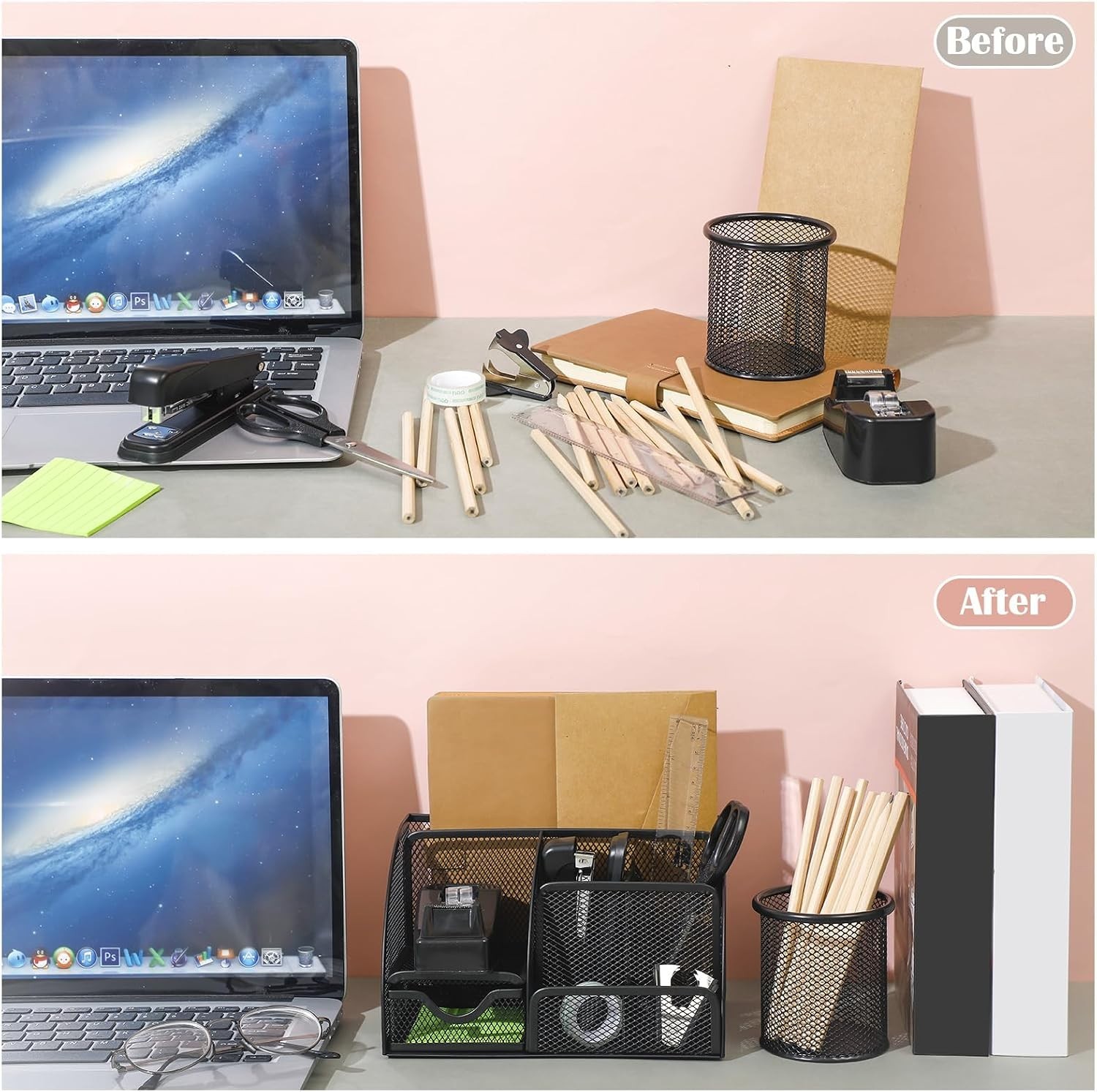 7-Compartment Mesh Desk Organizer & Accessories Kit - Stylish & Functional