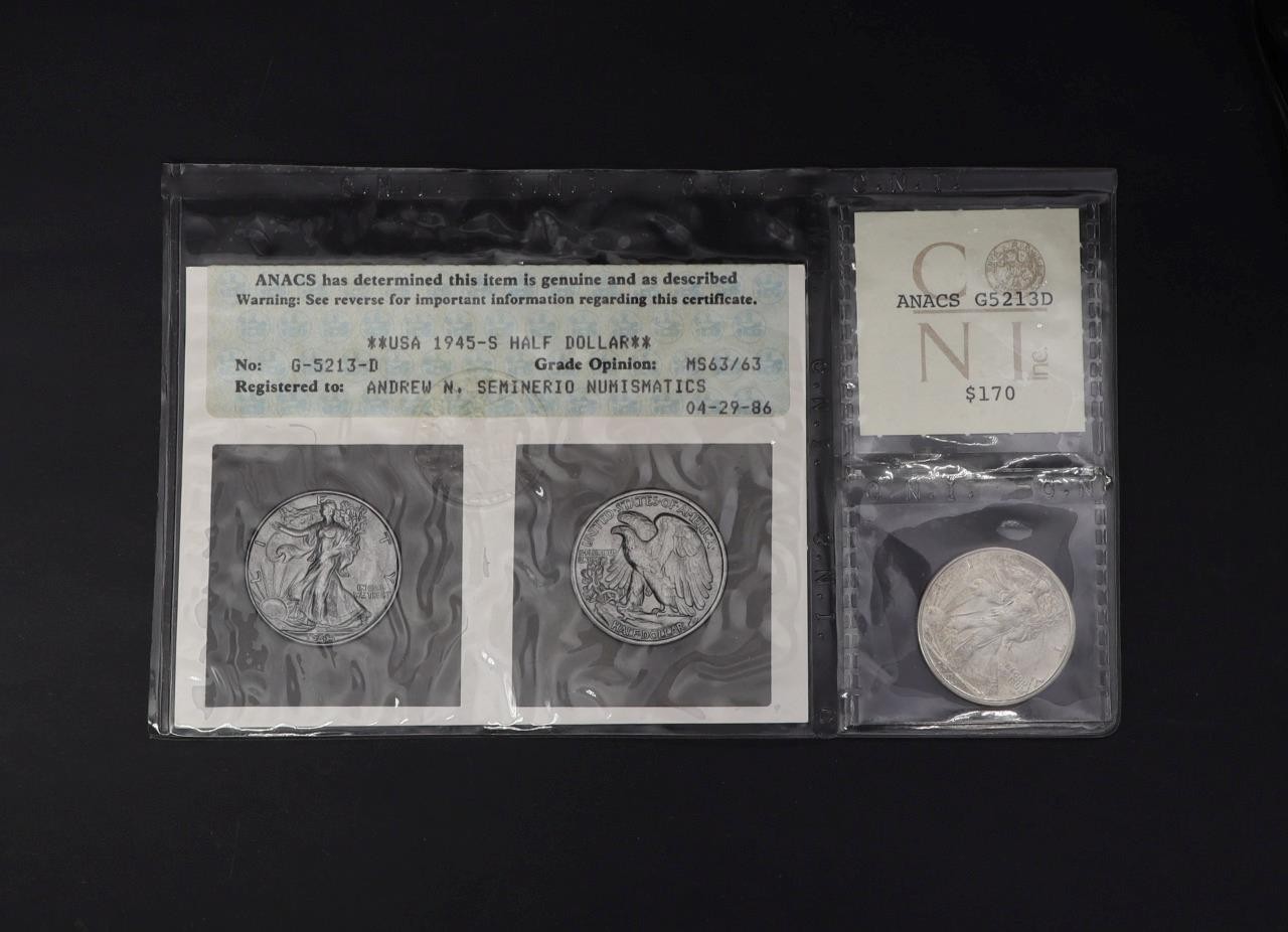 1945-S Walking Liberty Half Dollar Old ANACS Photo Certificate MS63/63