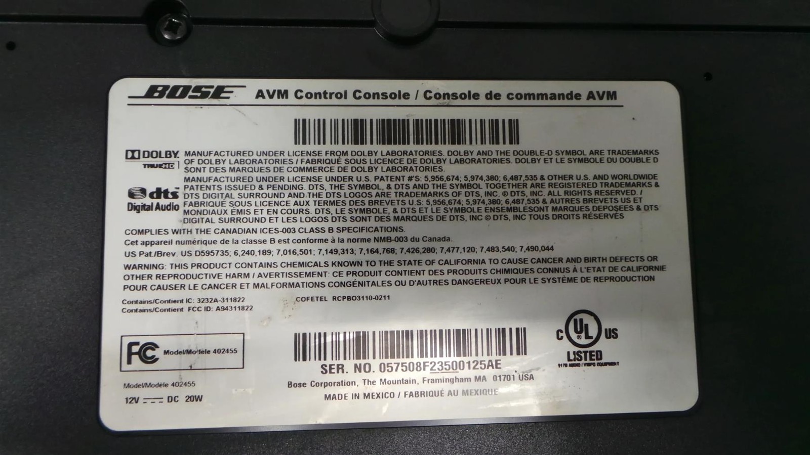 Bose AVM Control Console Model 402455 Black Console only -Free Shipping