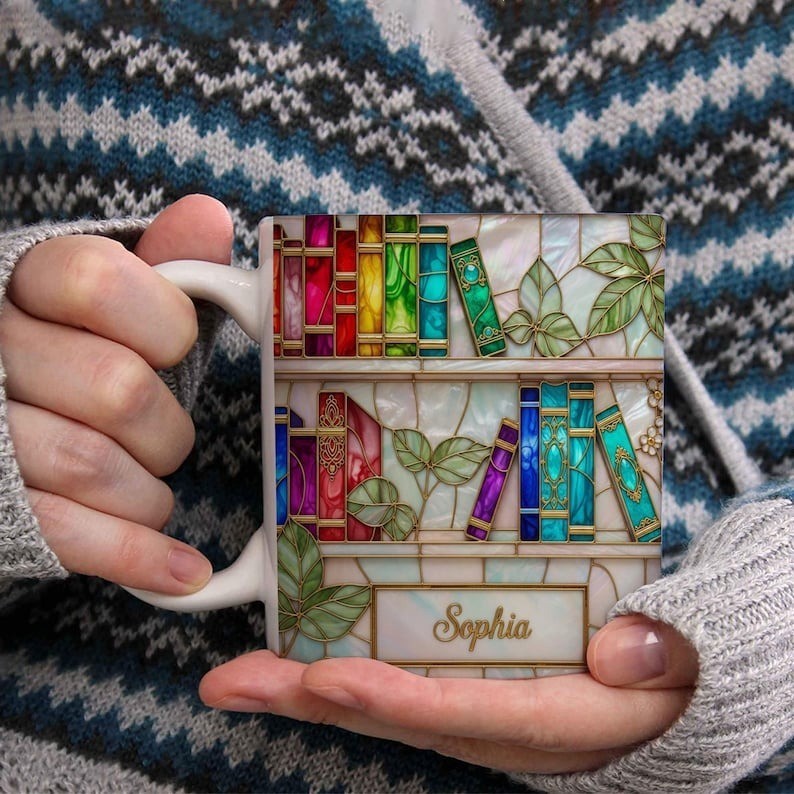 Personalized Stained Glass Bookshelf Ceramic Mug – Custom Book Lover Gift