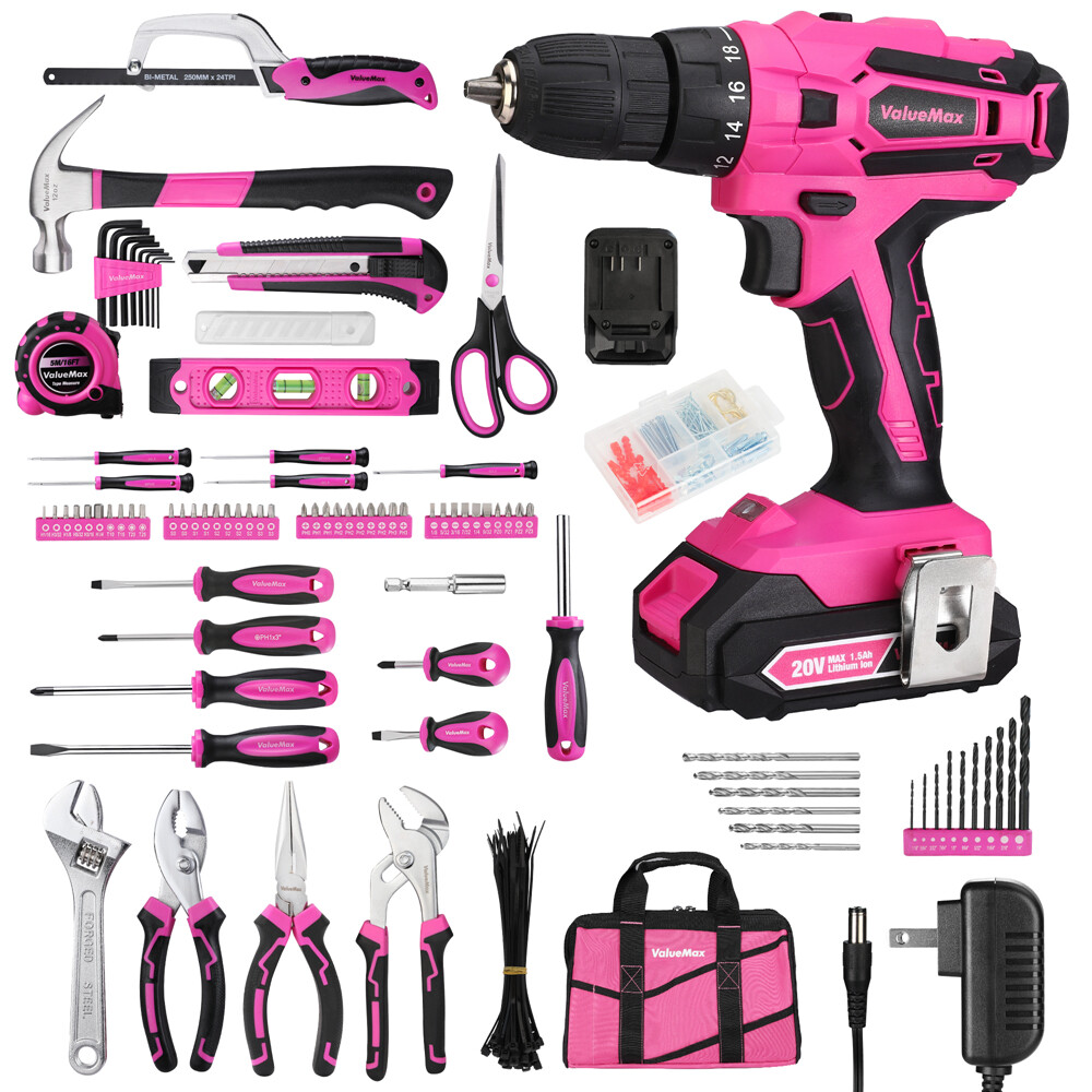 ValueMax 238PC Pink Tool Set Home Tool Kit 20V Cordless Drill Tool Set Drill Set