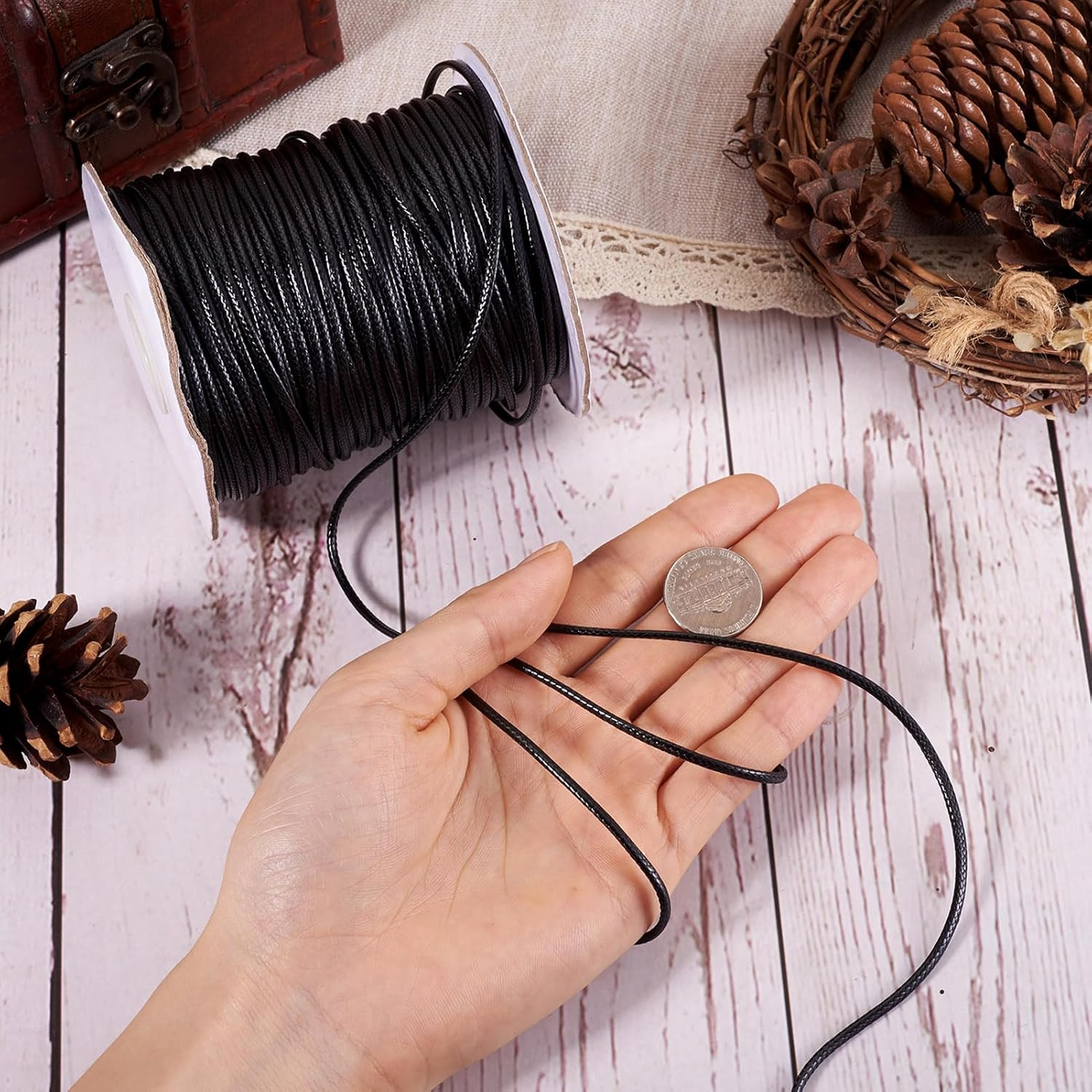 90 Yards 2Mm Black Waxed Polyester Cord Braided Thread String with Roll Spool fo