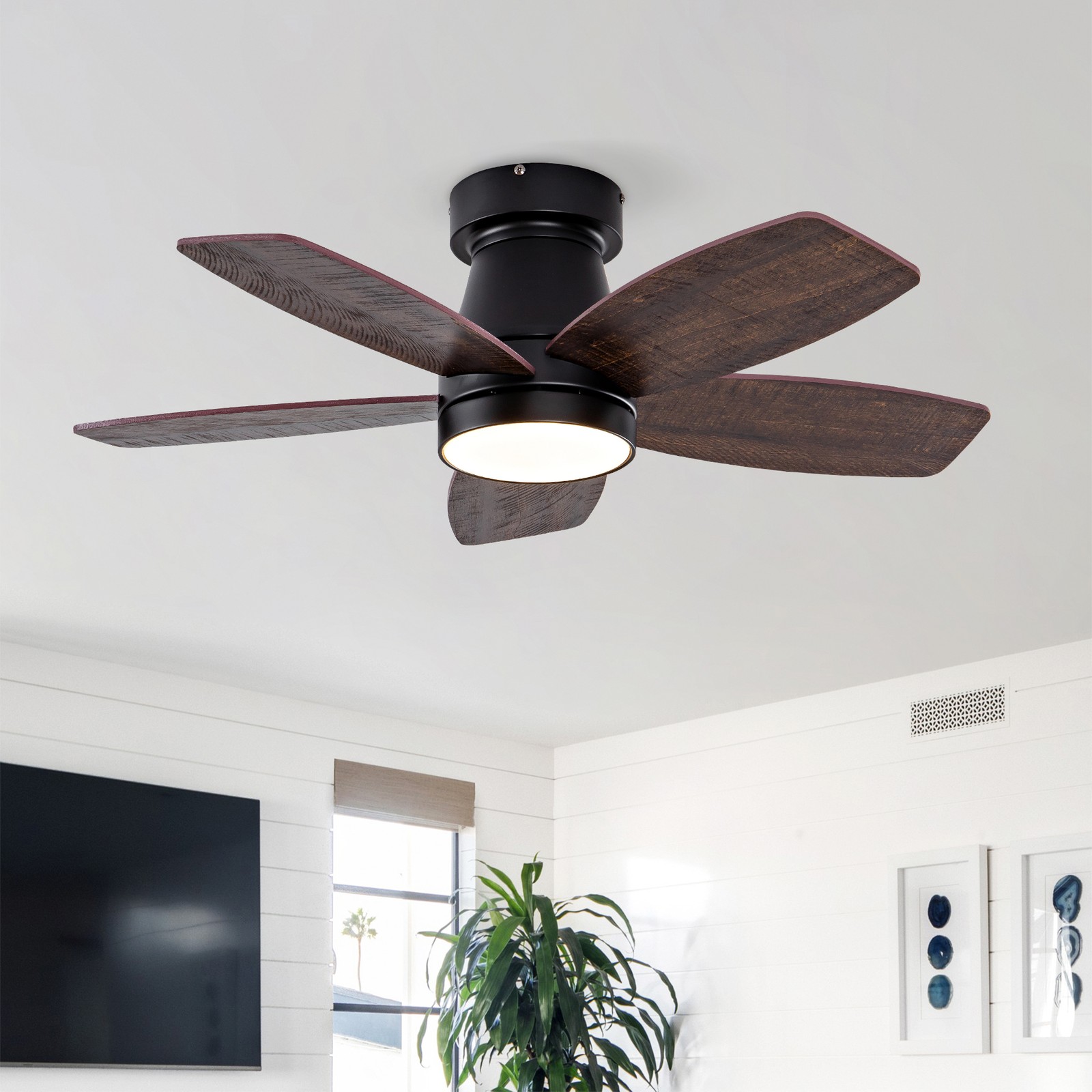 32" Low Profile Ceiling Fan with Light & Remote, Modern Ceiling Fan for Bedroom