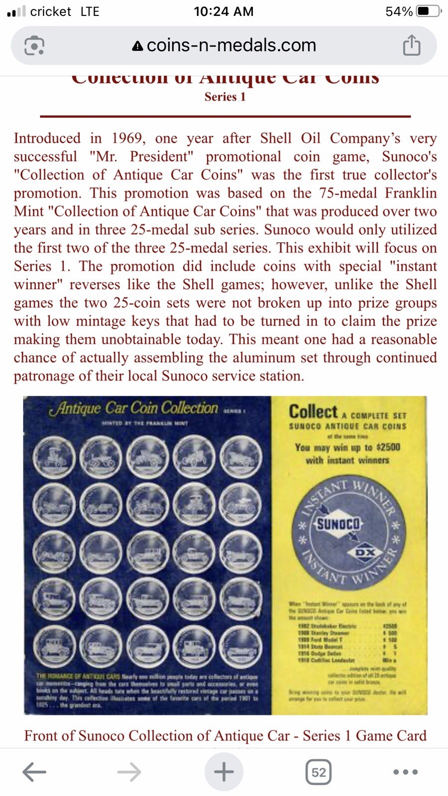 Advertisement Token - 1969 Sunoco Coin Series #1 - 1913 Lozier Light Six Sedan