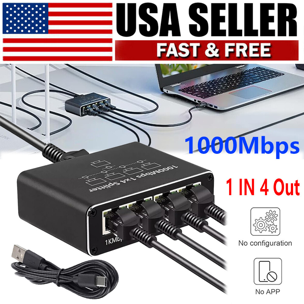 Gigabit Ethernet Splitter 1 to 4 Port RJ45 LAN Network Adapter 1000Mbps for PC