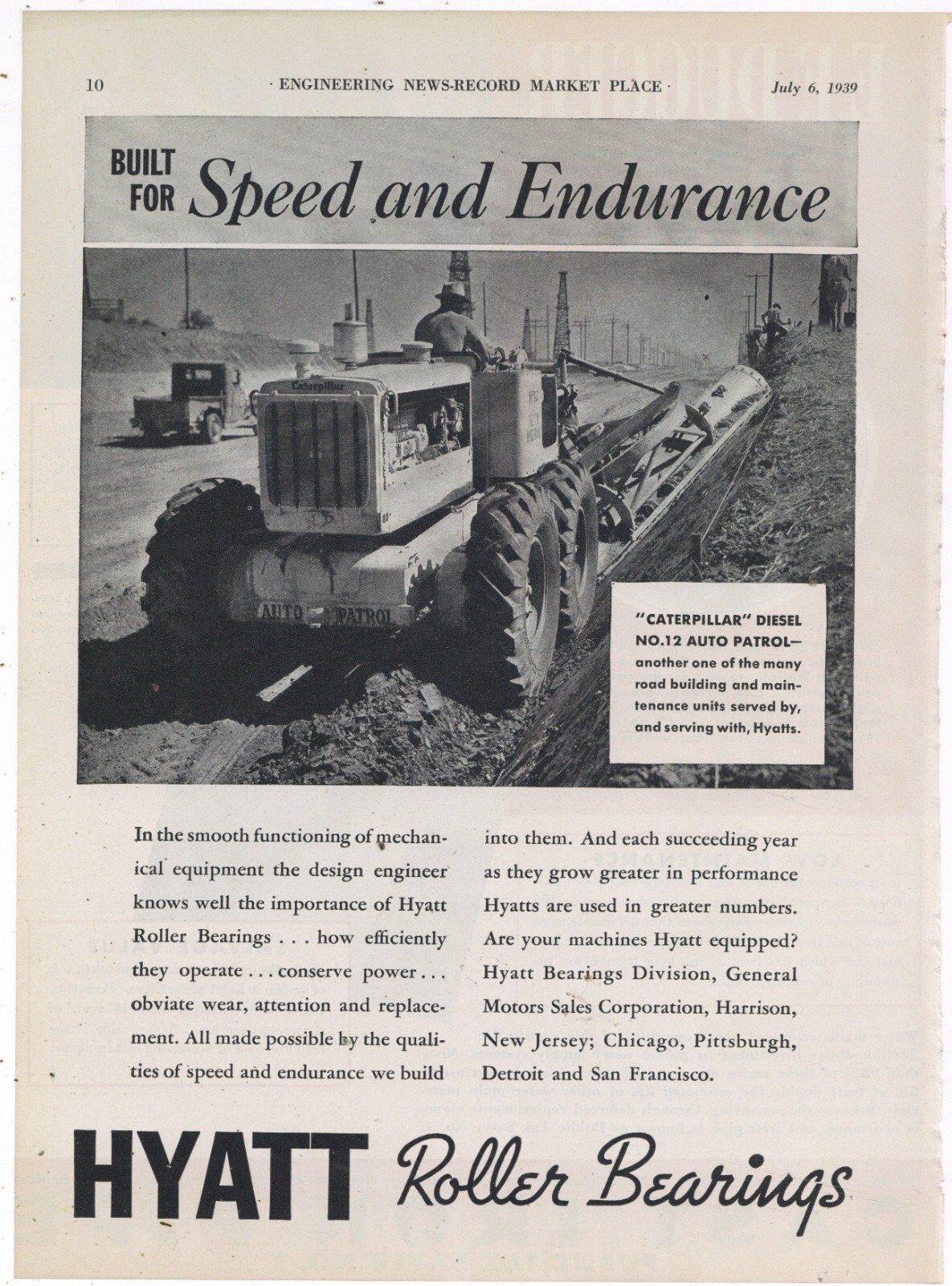 1939 Hyatt Bearings Ad: Caterpillar Diesel Auto Patrol No. 12 Grader Closeup