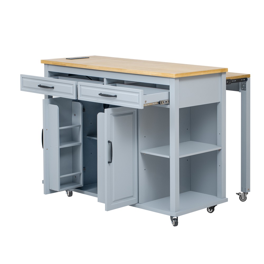 47-inch Kitchen Island w/ Extendable Table, Storage, Outlet - Grey Blue