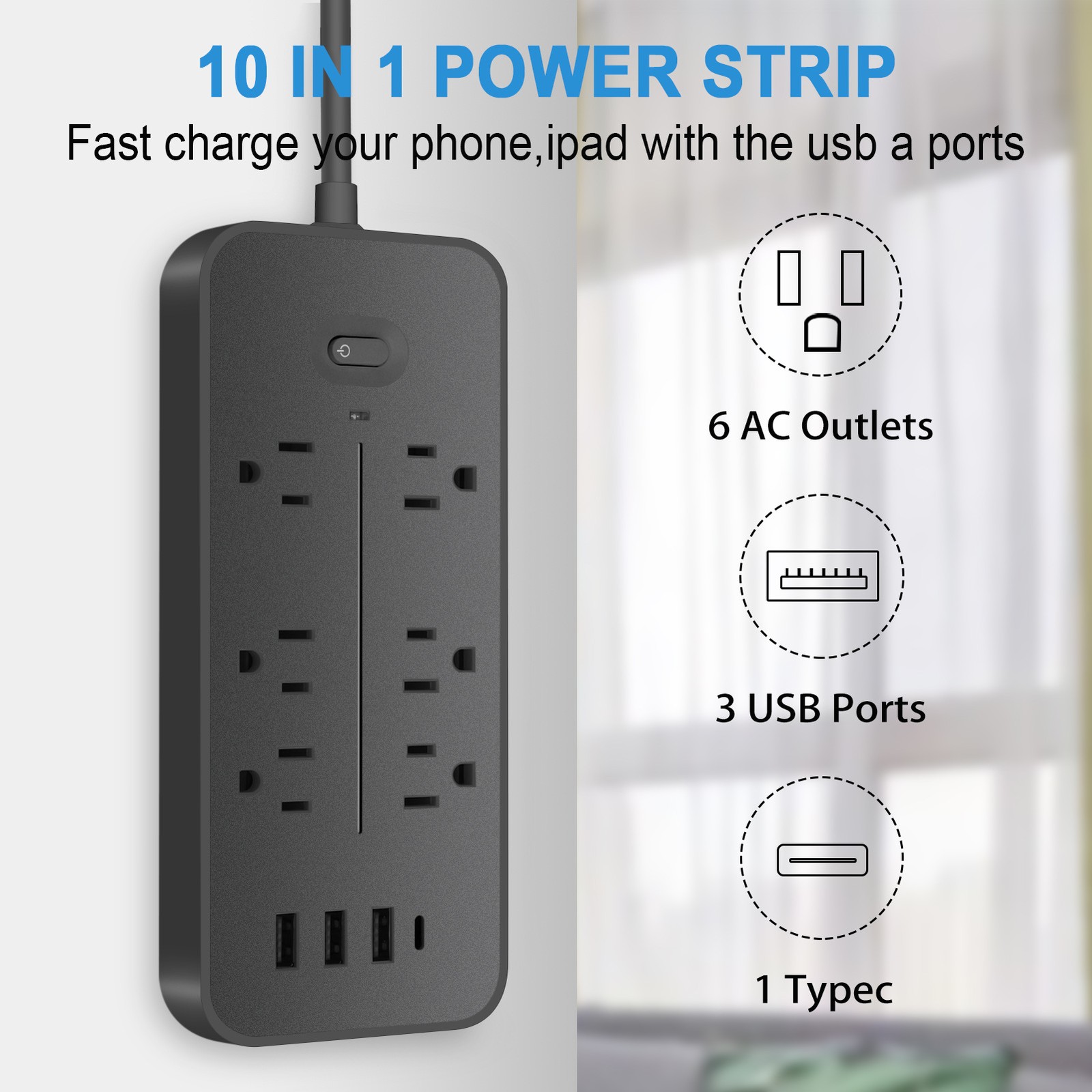 US Power Strip Surge Protector with 6 AC Outlets +3 USB A +1 Type C, 3.94FT Cord