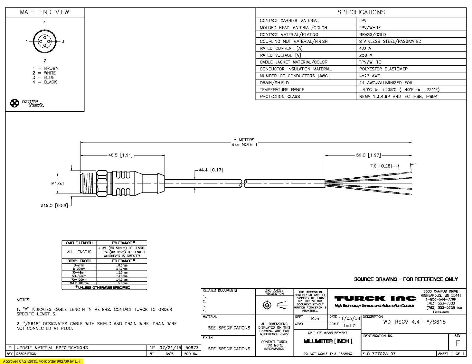 TURCK WD-RSCV 4.4T-10/S618 - Brand New - Sealed - 10 Meter Length