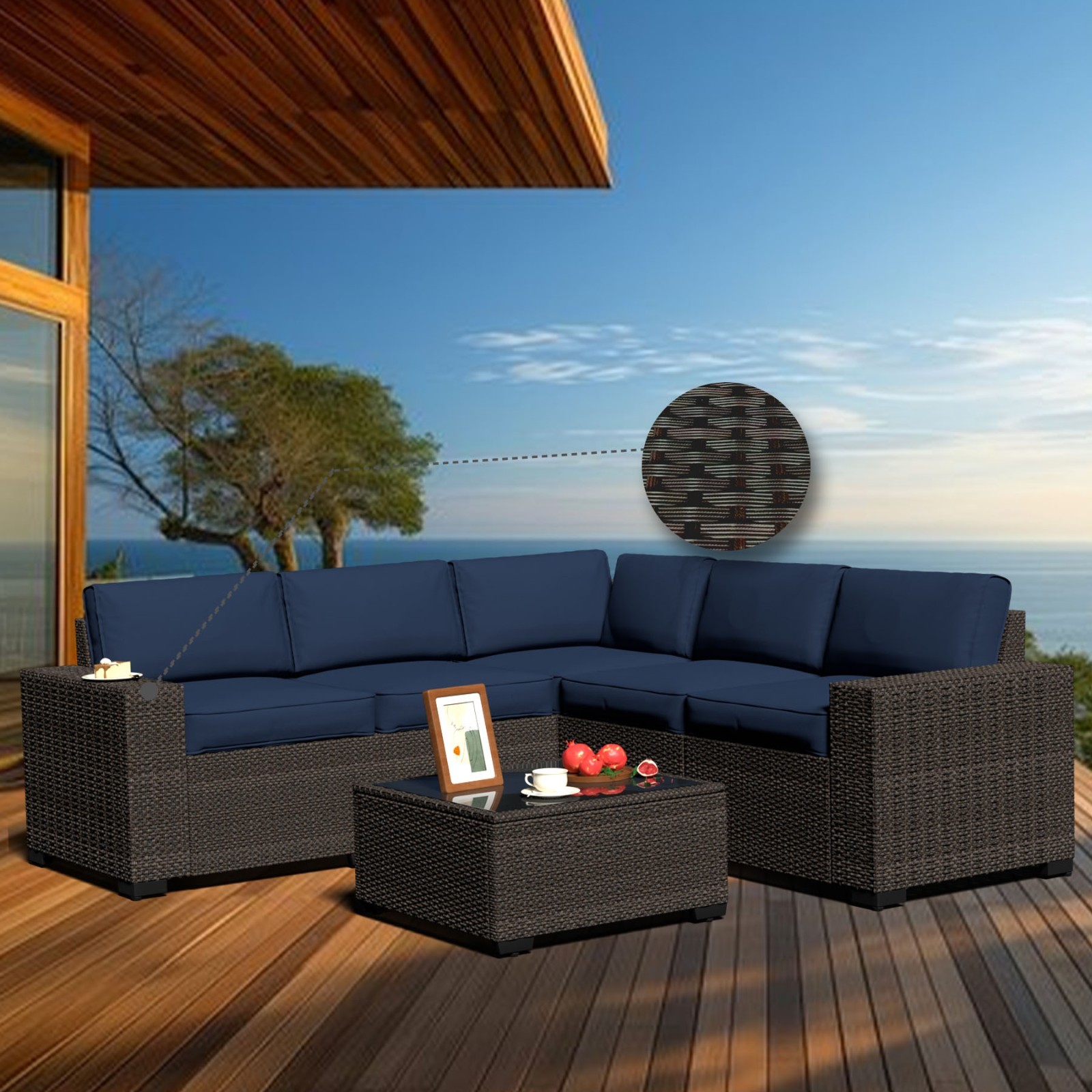 6pcs Outdoor Patio Furniture Set, PE Rattan Sectional Couch with Thick