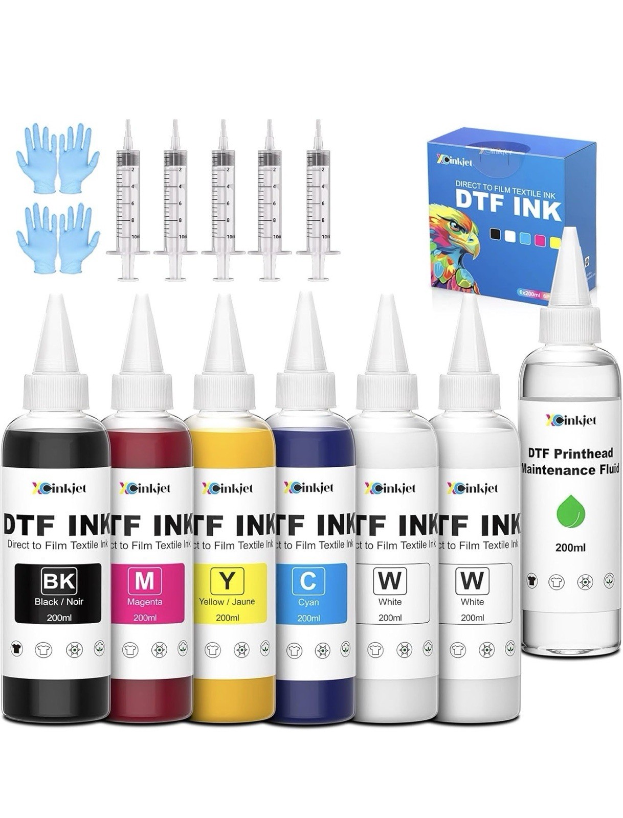 Xcinkjet DTF Ink Refill 200ml 6 Colors with Cleaning Solution for Epson Printers