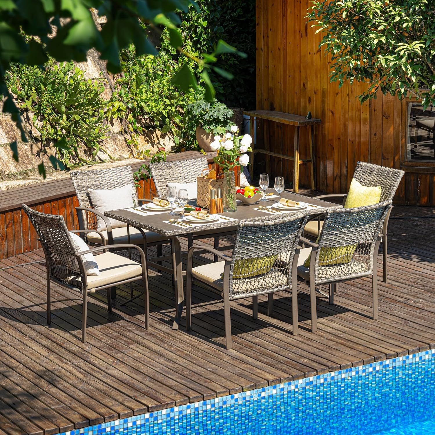 Pamapic 8504 Patio Dining 7 Piece, Outdoor Wicker Furniture Set for Backyard Gar