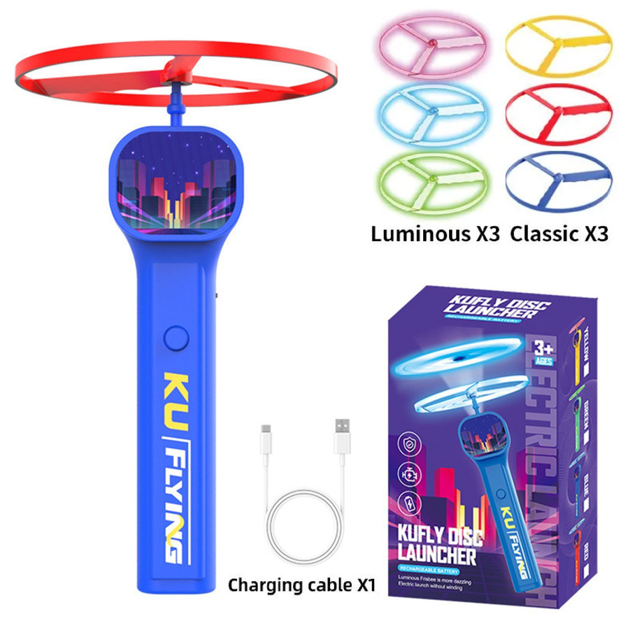Electric Disc Launcher with 6 Flying Spinners Glow in The Dark Outdoor Toys Blue