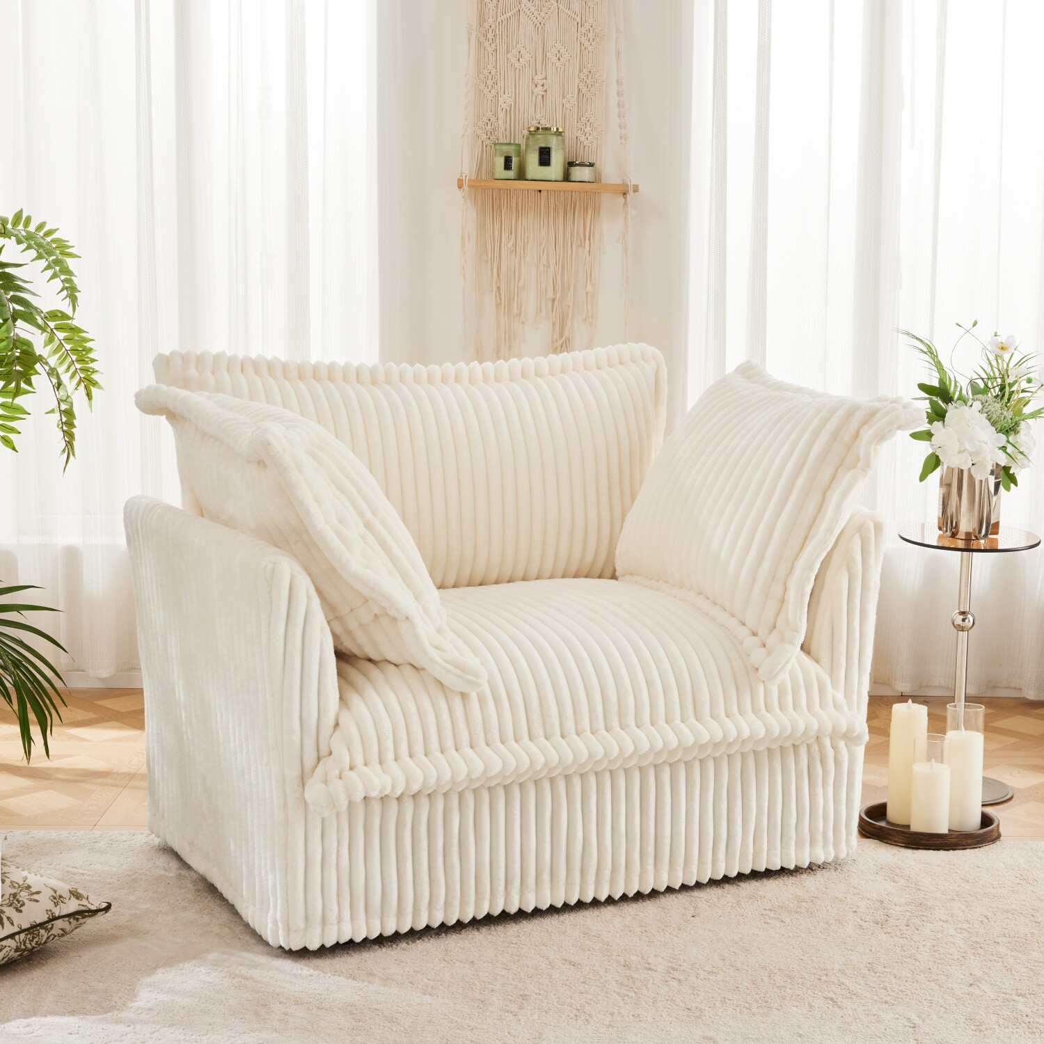 Single Sofa Corduroy Upholstered Armchair Living Room Furniture w/ Pillow Cream