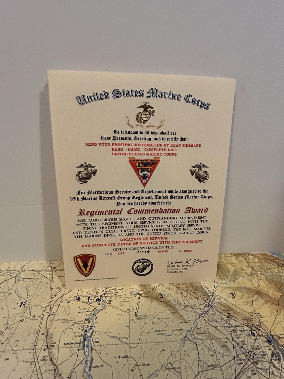 U.S.M.C. / 16TH MARINE AIRCRAFT GROUP- REGIMENTAL COMMENDATION AWARD CERTIFICATE