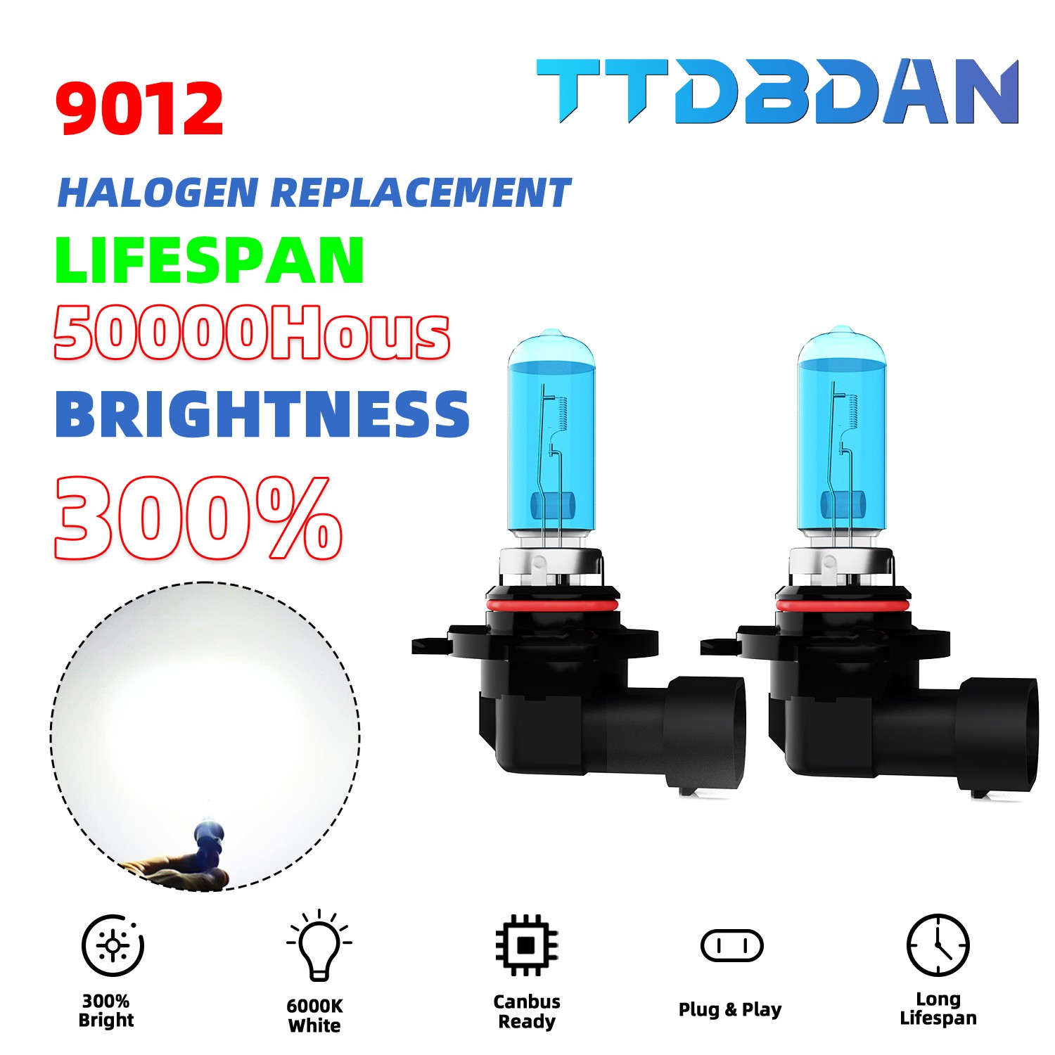 2PCS 9012 HIR2 Warm White Halogen Headlight Bulb Kit High/Low Beam 300% Bright