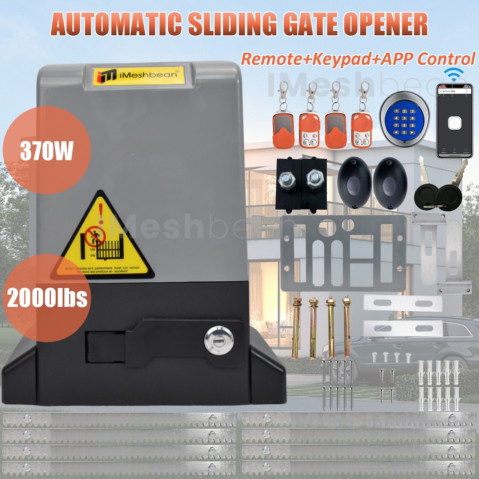 370W 2000LBS Automatic Sliding Gate Opener Rack Driven APP+Keypad+Remote Control