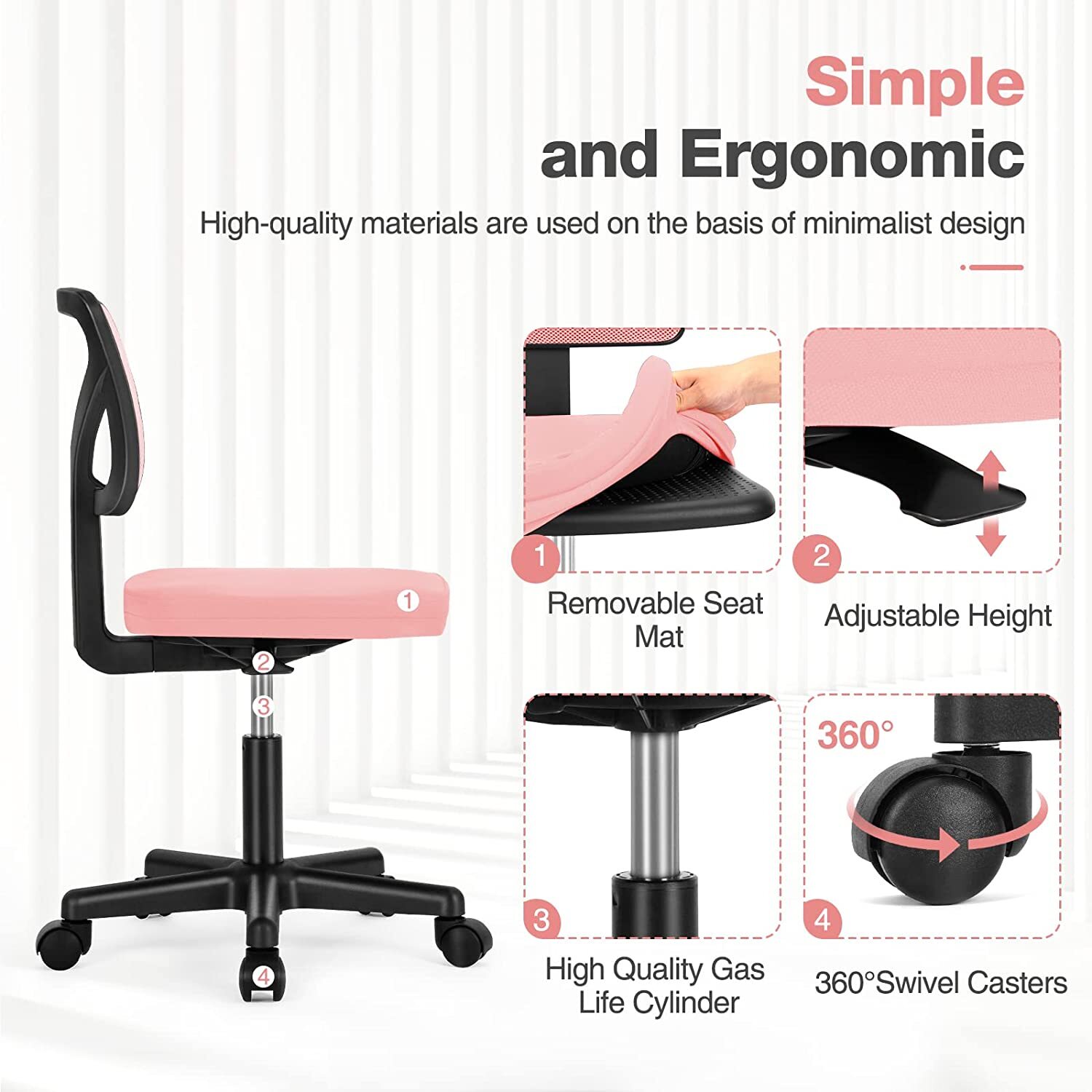 Cute Armless Mesh Task Chair, Swivel Rolling Desk Chair for Home Office