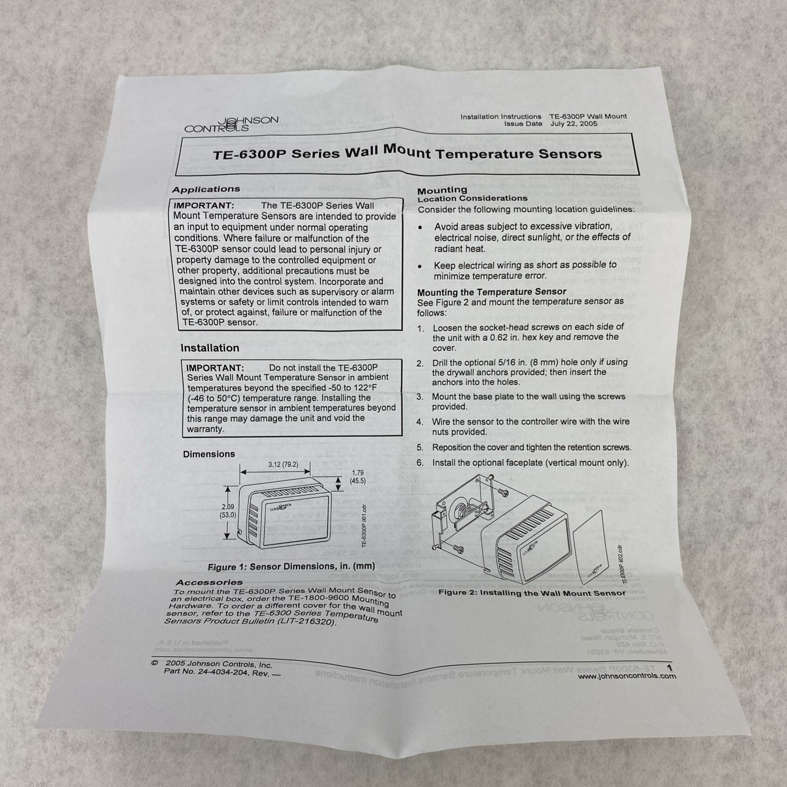 Johnson Controls TE-6314P-1 Wall Mount Temp. Sensor 1000 OHM Nickel Element