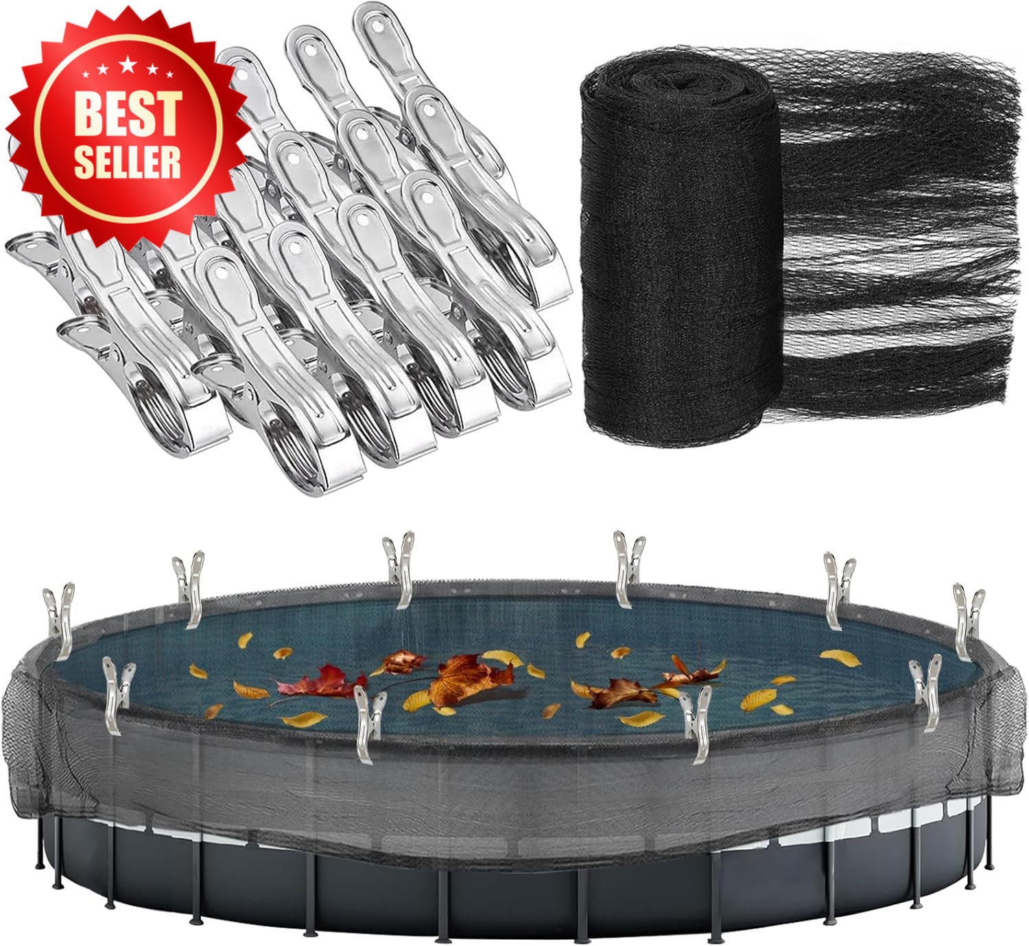 24 Ft Round Above Ground Pool Leaf Net Cover with 16 Large Metal Clips Black US