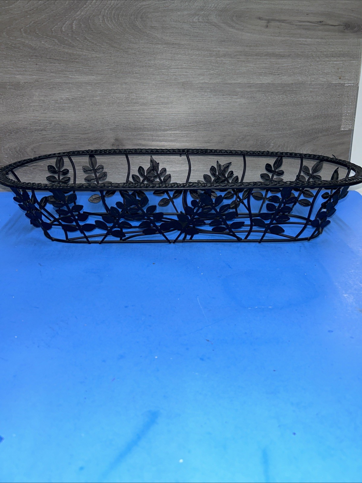 Decorative Black Floral Metal Centerpiece Basket 17”L 6”W 3 1/2”Deep