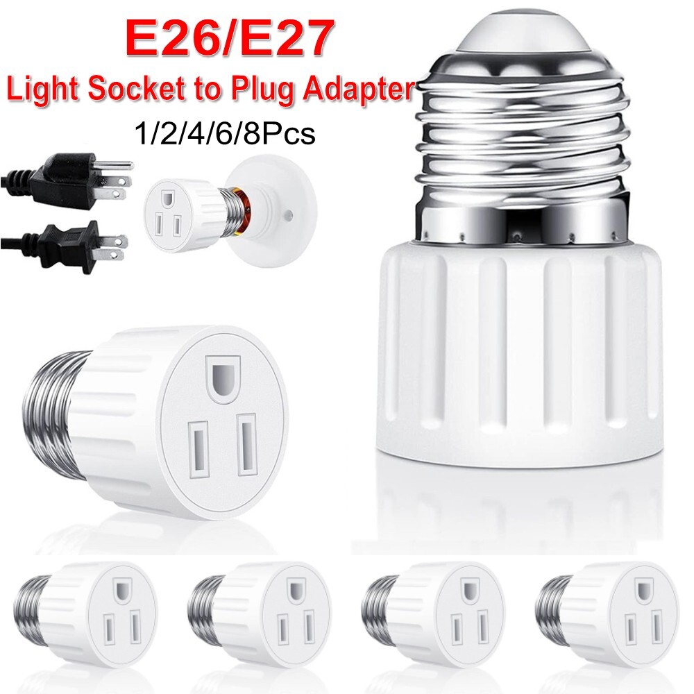 1-8Pcs E26/E27 Light Socket to Plug Adapter 2/3 Prong Light Bulb Outlet Adapter