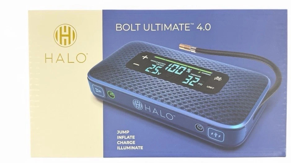 HALO Bolt Ultimate 4.0 Jump Starter Air Compressor USB Power Bank LED Light Blue