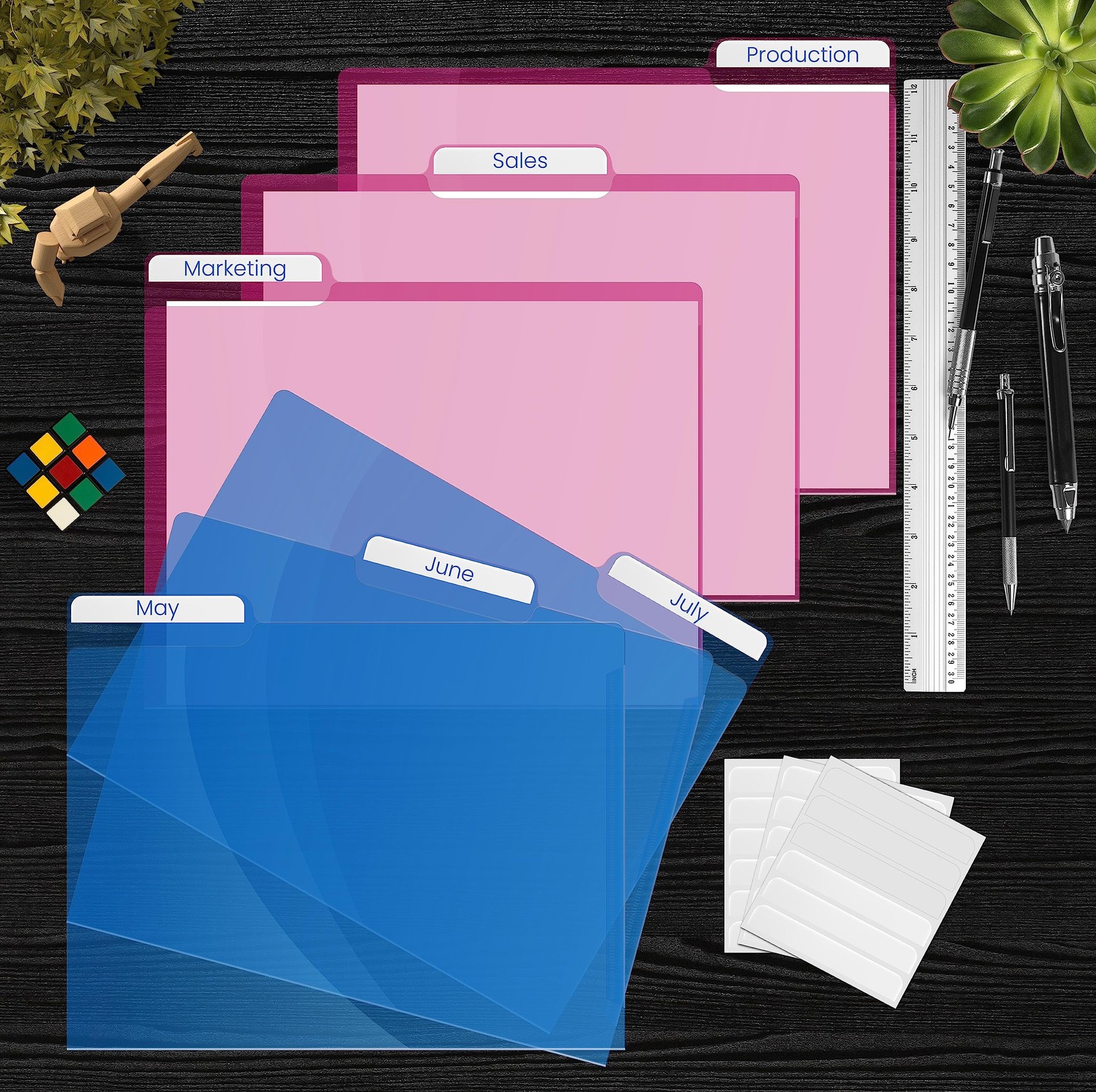18 Pack Poly Project Document Pockets 1/3 Cut Tabs 6 Translucent Colors
