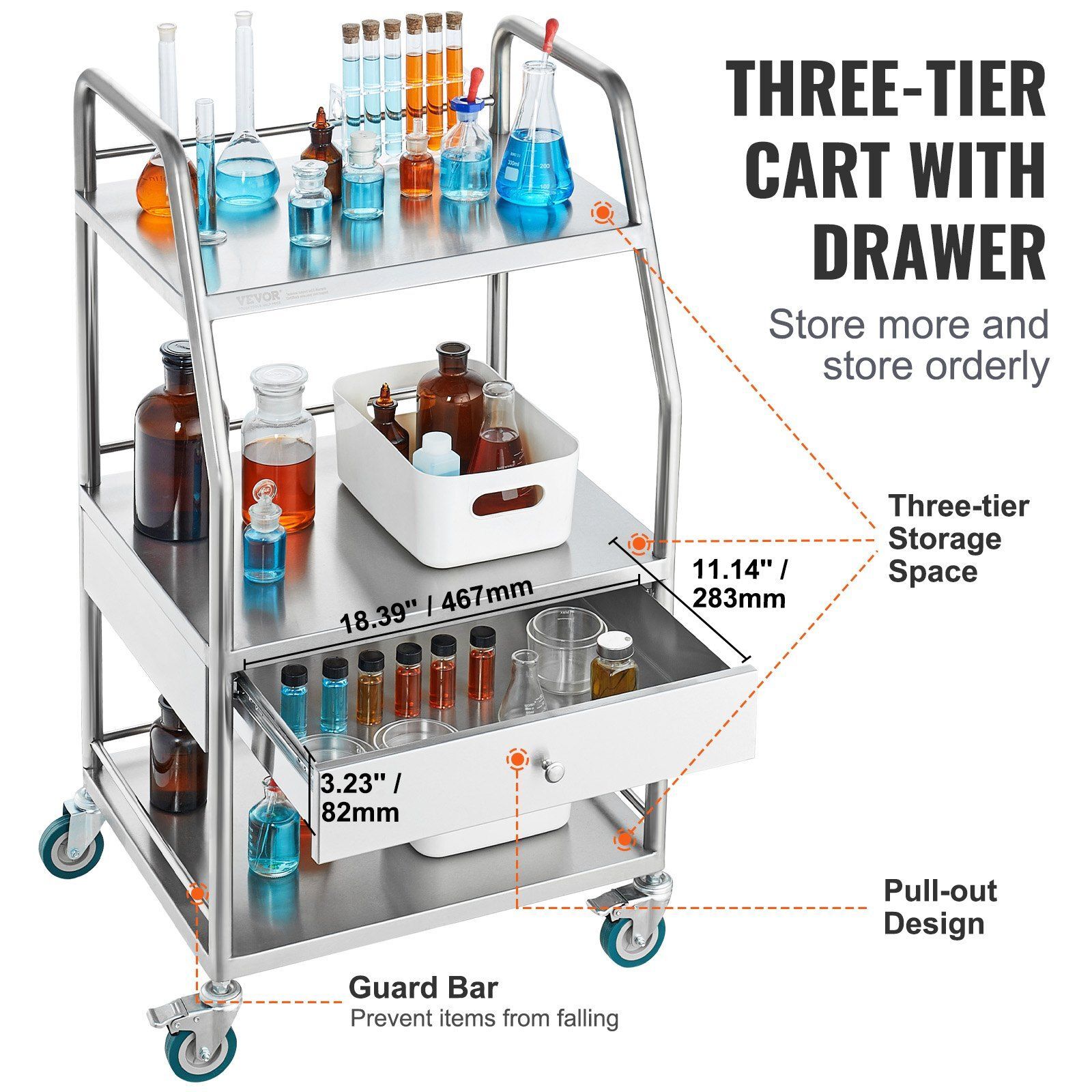3 Layers Stainless Steel Lab Rolling Cart with Drawer and Lockable Wheels
