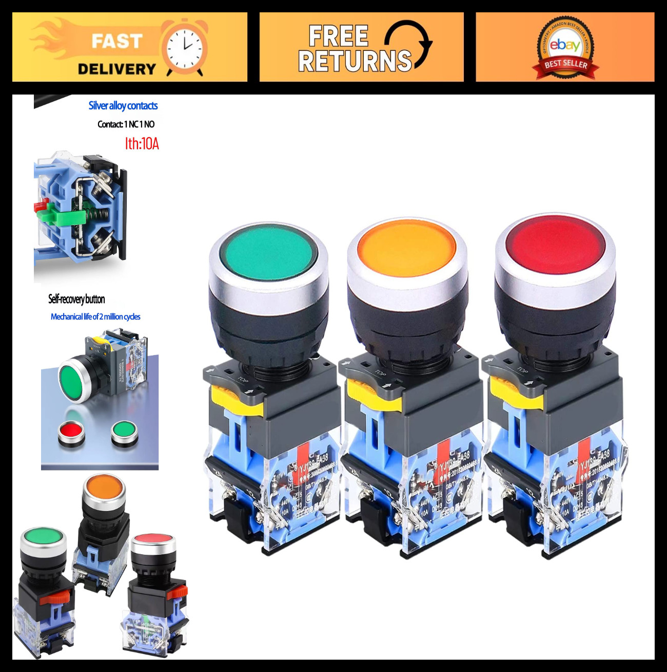 22mm Momentary Push Button Switch - Red Green Yellow Start Stop 1NO 1NC SPST for