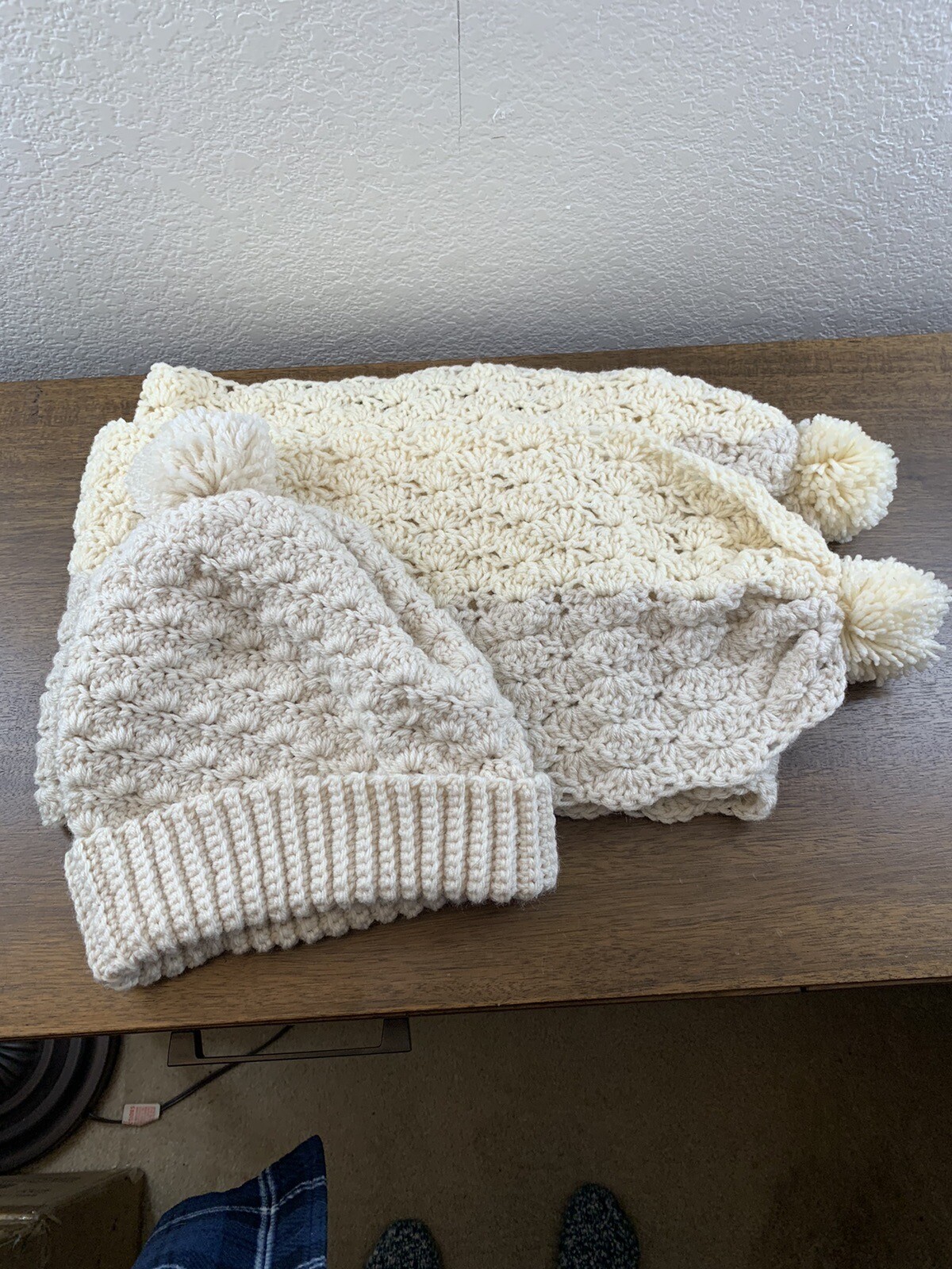New Handmade Adult Unisex Crochet Hat Beanie and Scarf Set Beige With Grey Ombré