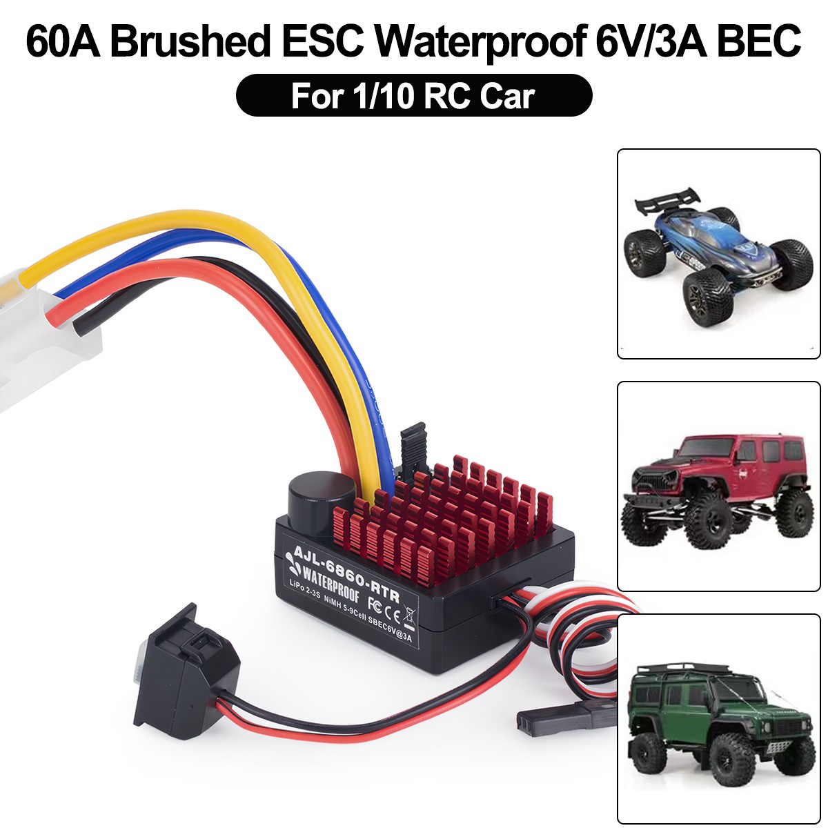 Waterproof Brushed 60A Electronic Speed Controller ESC for 1/10 RC SCX10 TRX4
