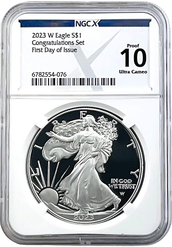 2023 W PROOF SILVER EAGLE CONGRATULATIONS SET FIRST DAY ISSUE NGCX PROOF 10 PF70