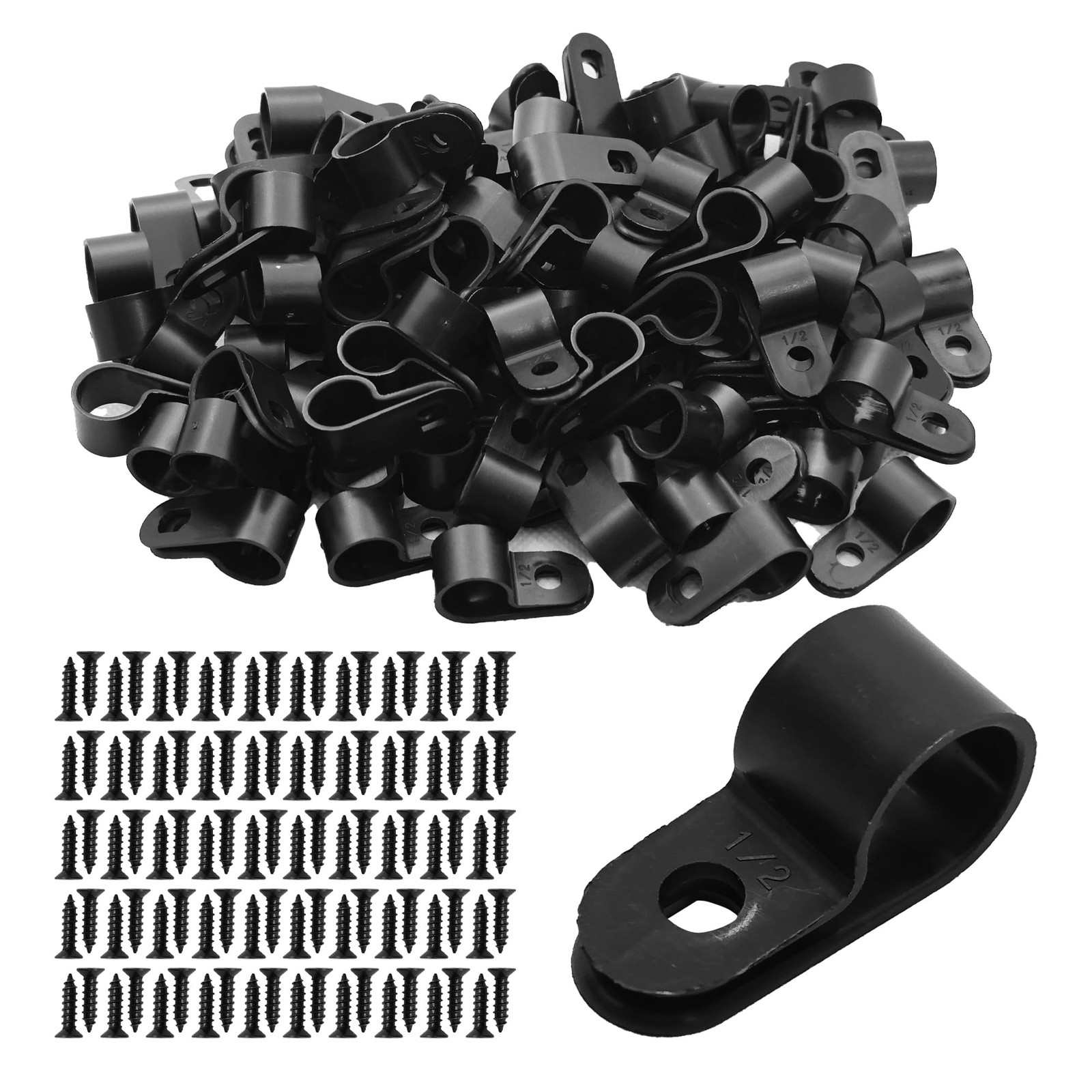 100 PCS 1/2 Inch Black Nylon Plastic RType Cable Clips Wire Clamps Screws